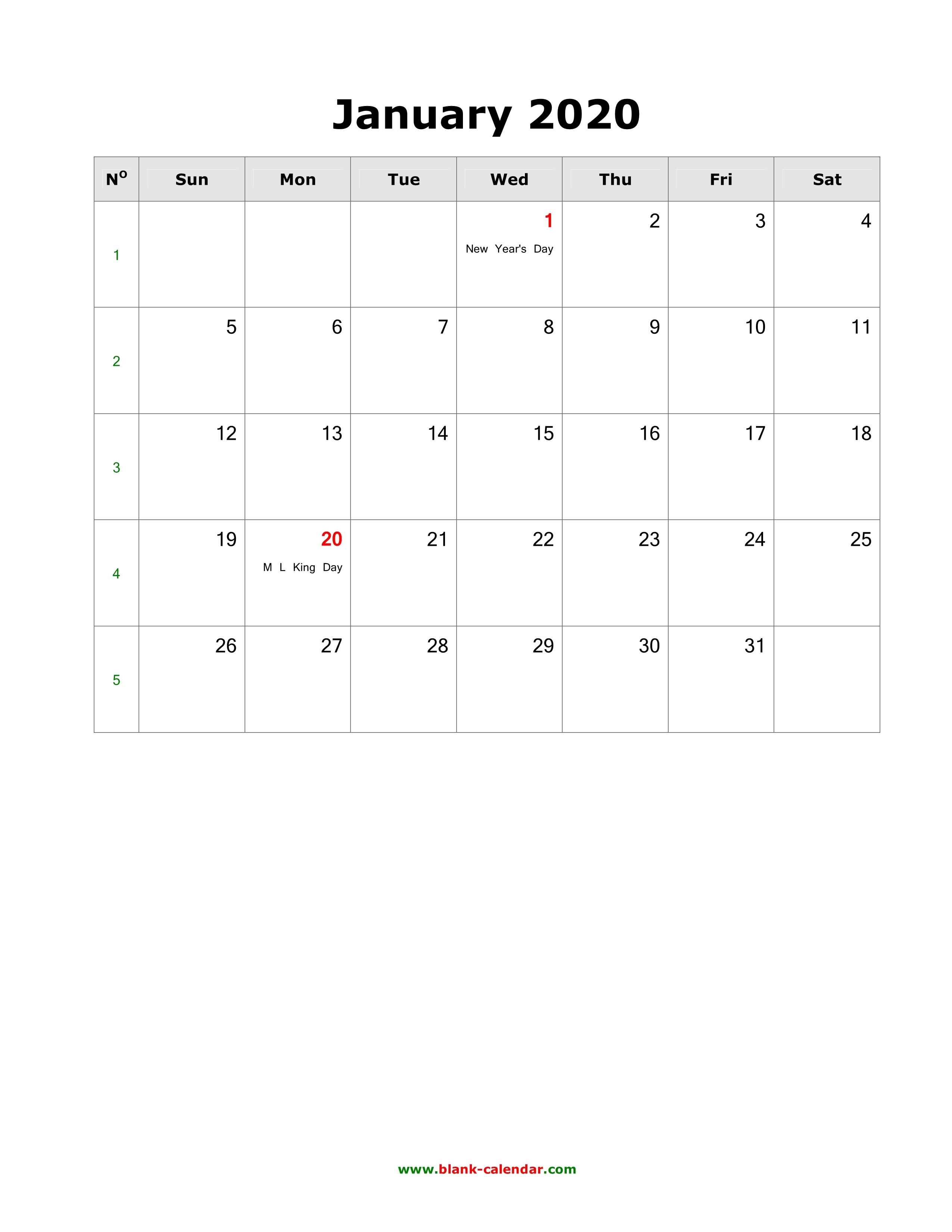 Download January 2020 Blank Calendar With Us Holidays (Vertical)-January 2020 Calendar Portrait