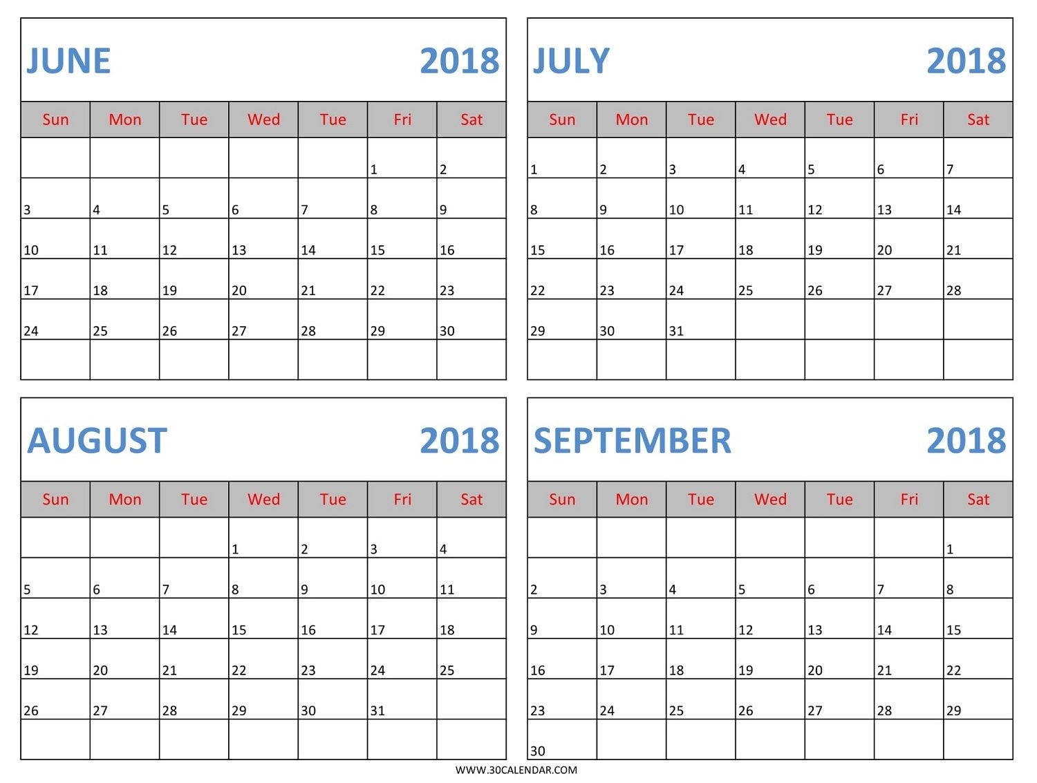 Download June July August September 2018 Calendar Template-Blank Callendar For June July Aug And Sept