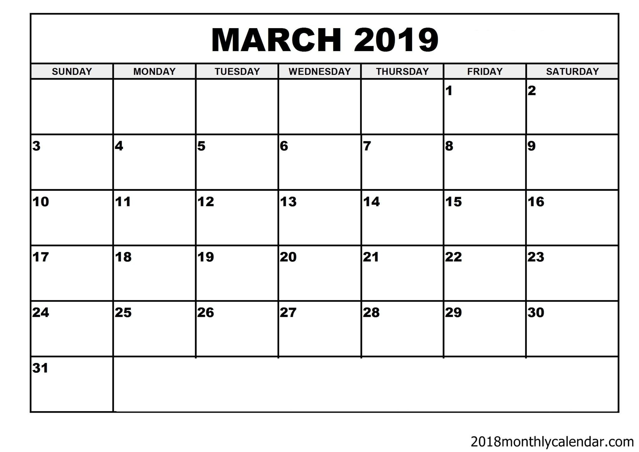 Download March 2019 Calendar – Blank Template - Editable-Monthly Calendar Sheets Printable