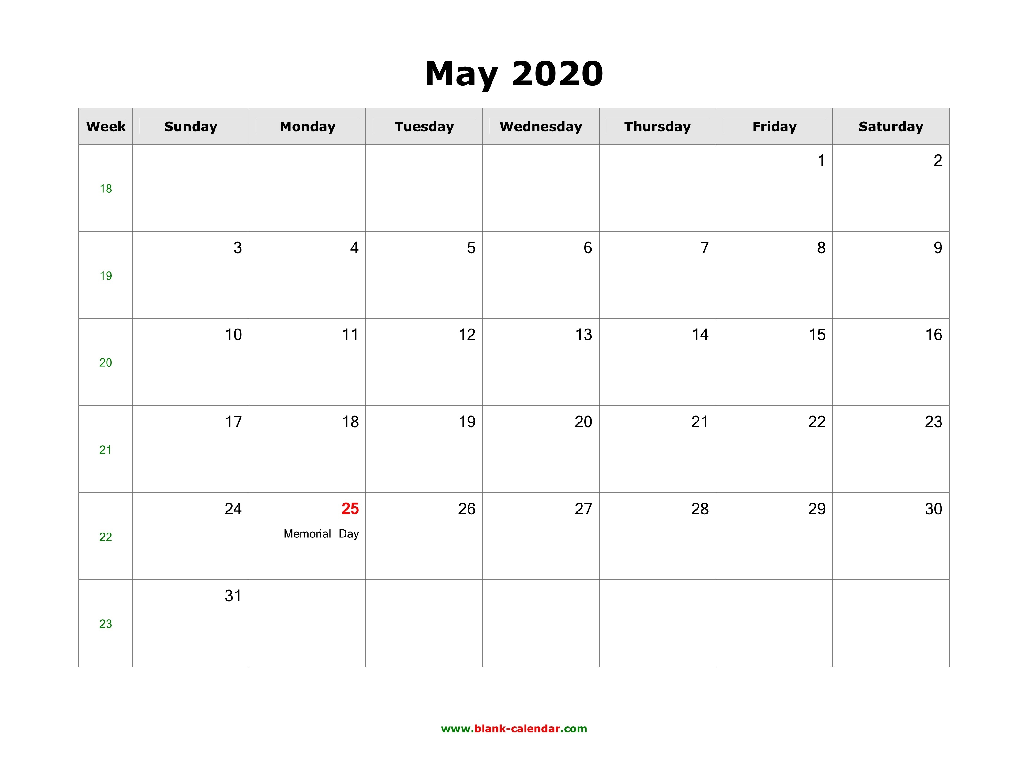 Download May 2020 Blank Calendar With Us Holidays (Horizontal)-2020 May All Holidays