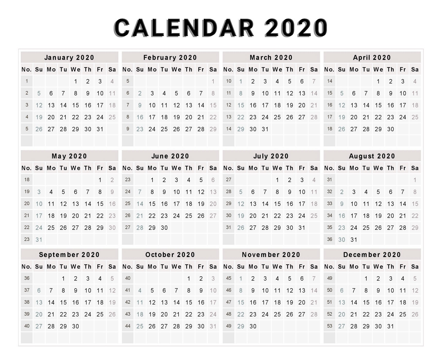 Editable 2020 Calendar Printable Template Blank With Notes-Calendar Templates 2020 Week Numbers