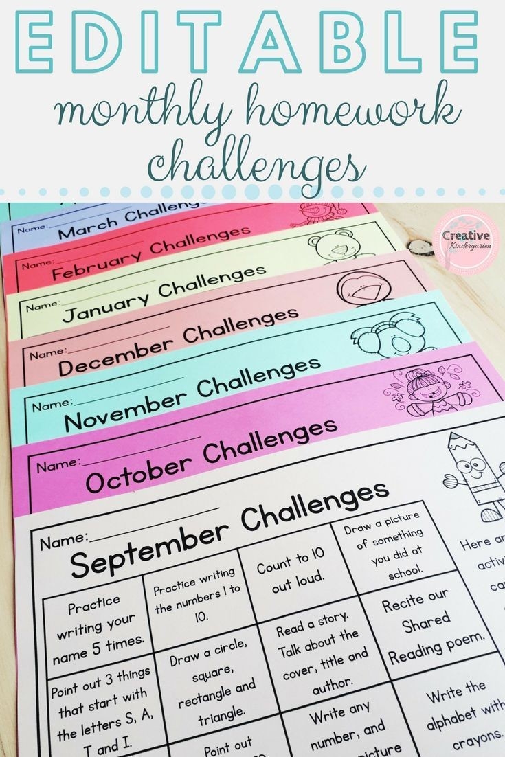 Editable Monthly Homework Challenges For Kindergarten-Monthly Homework For Pre-K Students