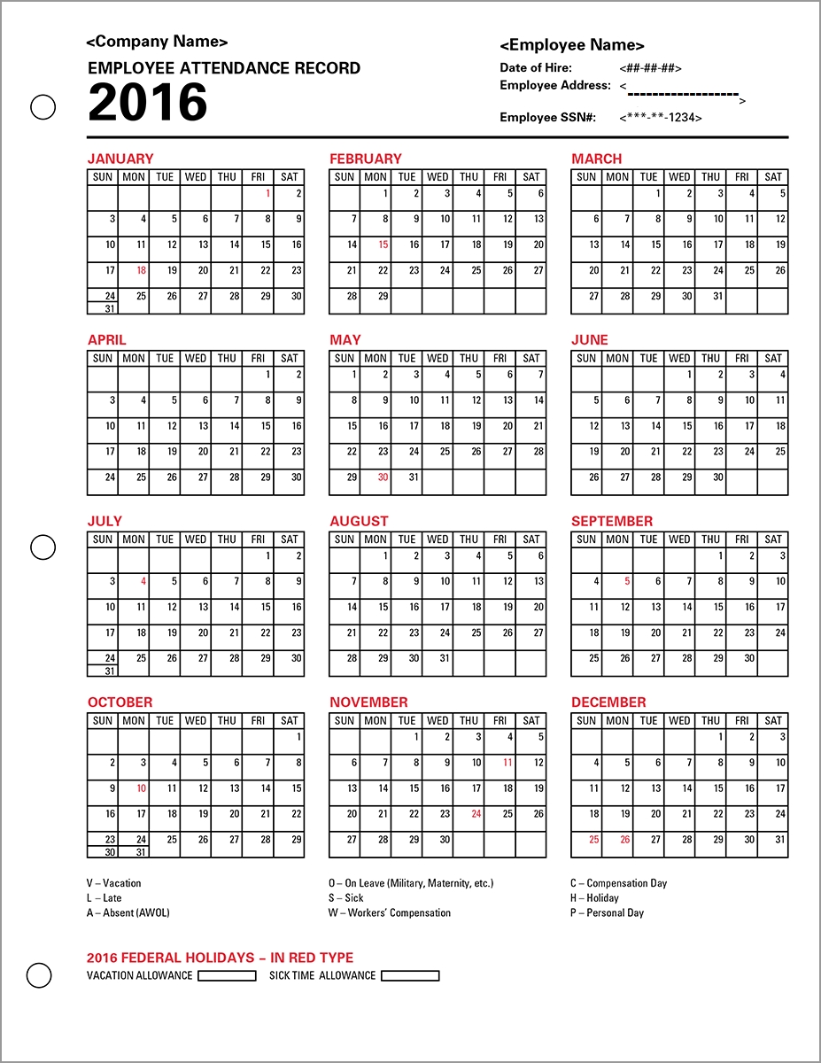 Employee Attendance Calendar 2016, Tracker Templates 2016-Attendance Calendars For Employee Template