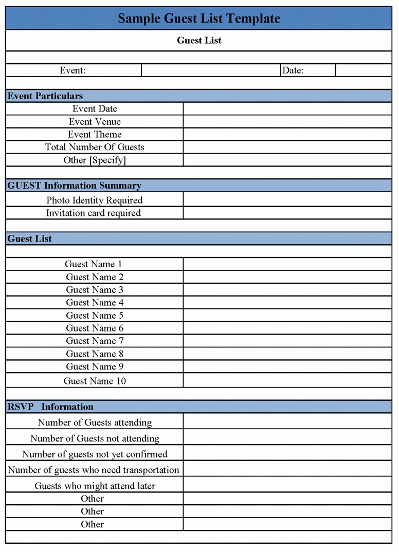 Event Guest List Template Excel Calendar Template Printable