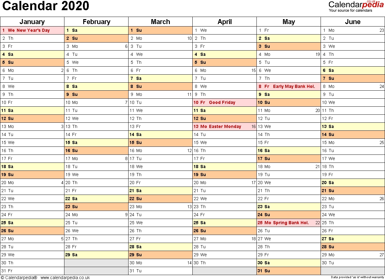 Excel Calendar 2020 (Uk): 16 Printable Templates (Xlsx, Free)-Excel Calendar Template 2020 6-Month A Page