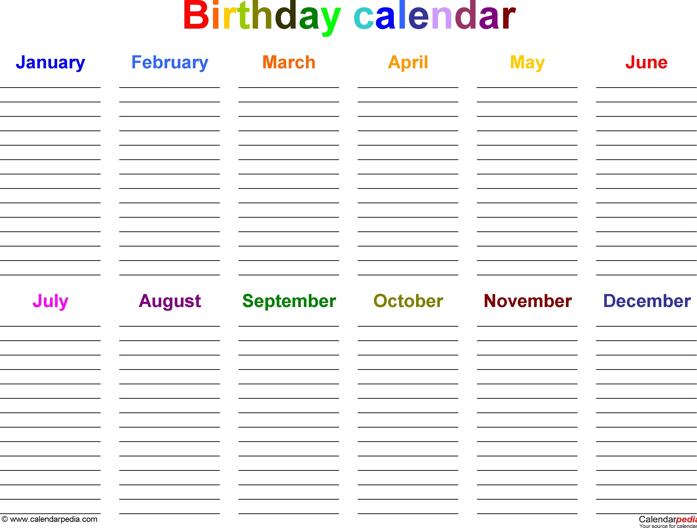 Excel Template For Birthday Calendar In Color (Landscape-Preschool Word Excel Calendar Template