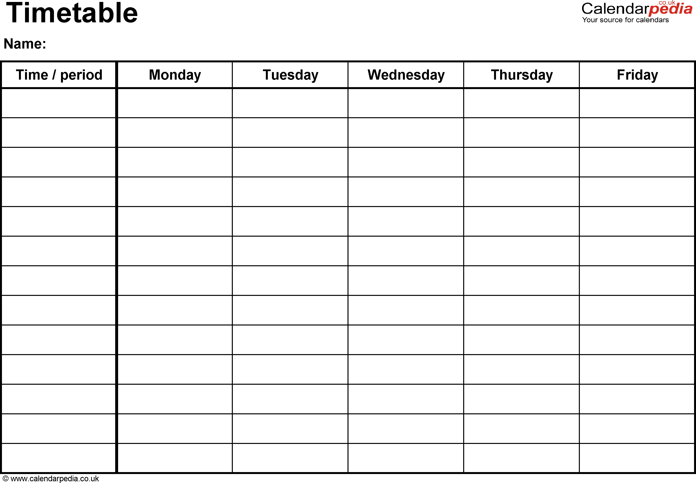 Excel Timetable Template 1: Landscape Format, A4, 1 Page-Monday - Friday Timetable Template