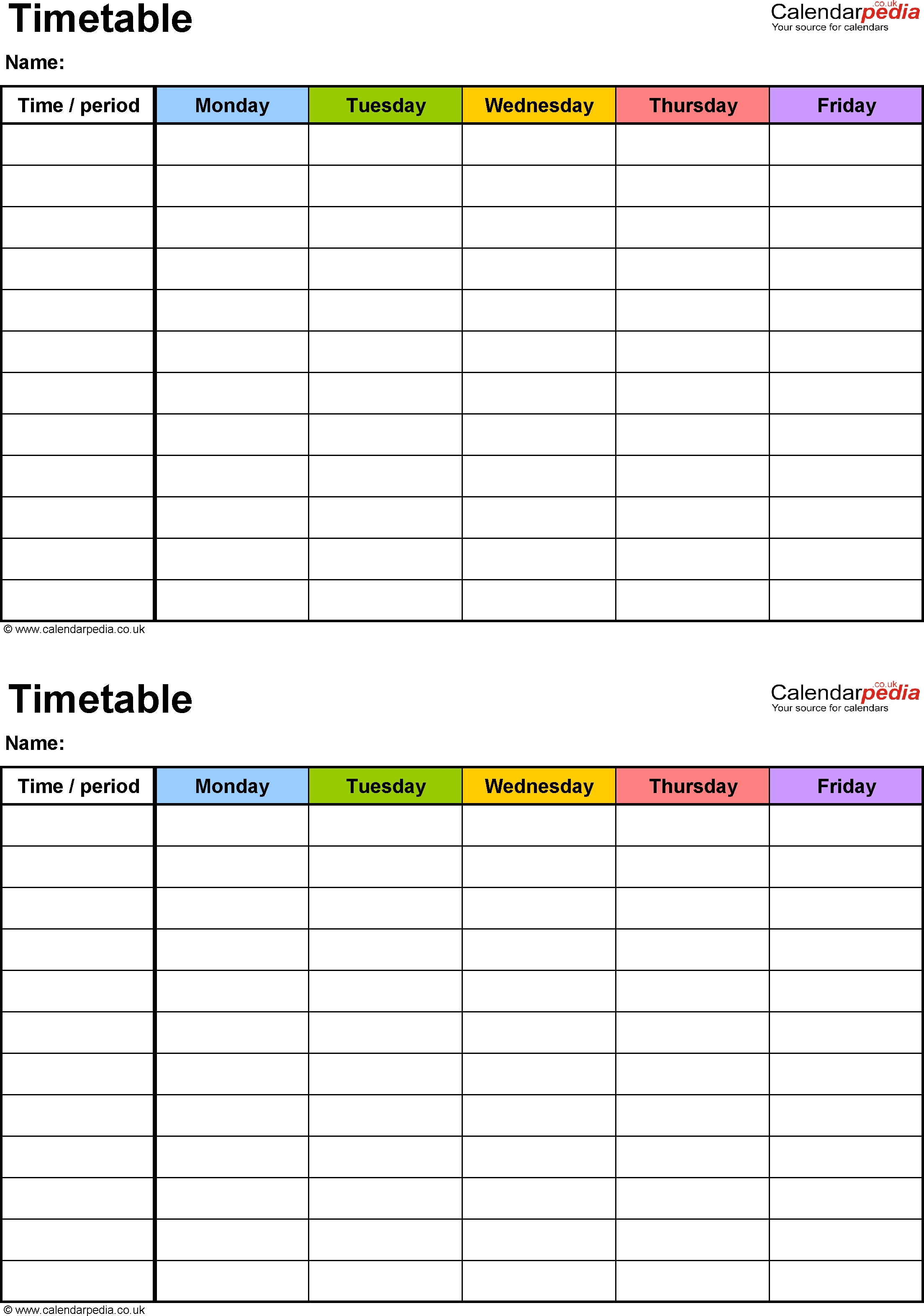 Excel Timetable Template 6: 2 A5 Timetables On One Page-Preschool Word Excel Calendar Template