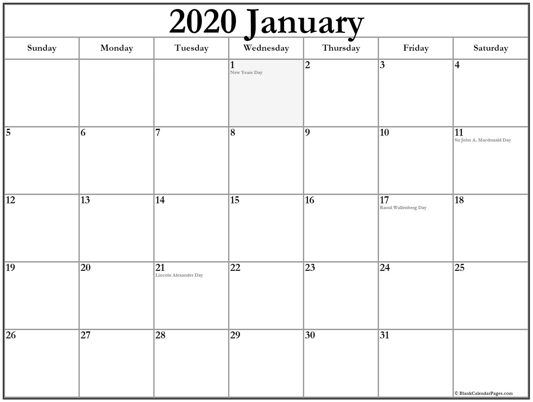 Extraordinary January 2020 Calendar Canada • Printable Blank-January 2020 Canadian Calendar