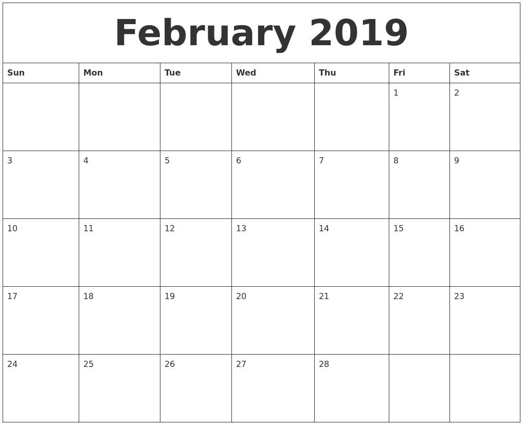 February 2019 Editable Calendar Template::february 2019-Free Fillable 2020 Calendar Template