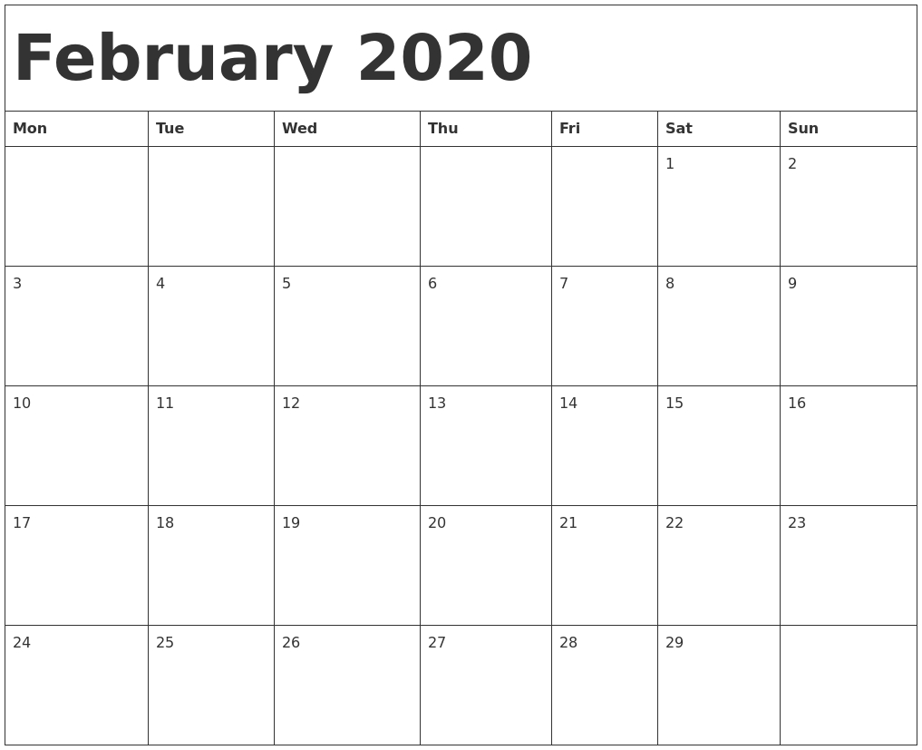 February 2020 Calendar Template-Calendar Template Monday Start