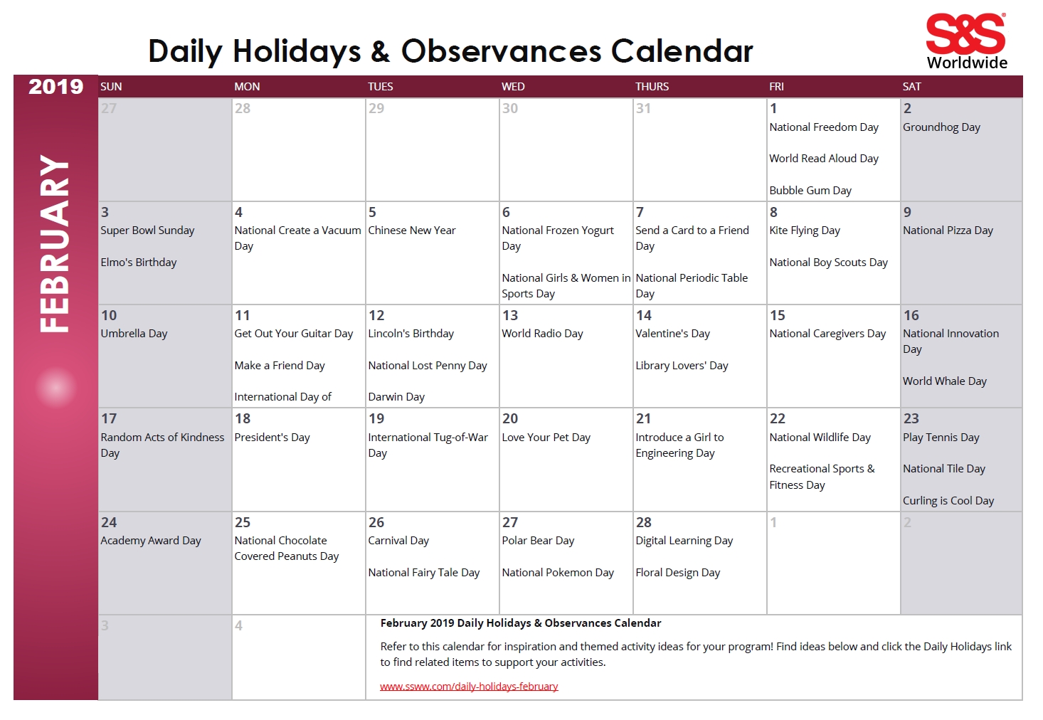 February Daily Holidays &amp; Observances Printable Calendar-Printable Calendar Of Food Holidays