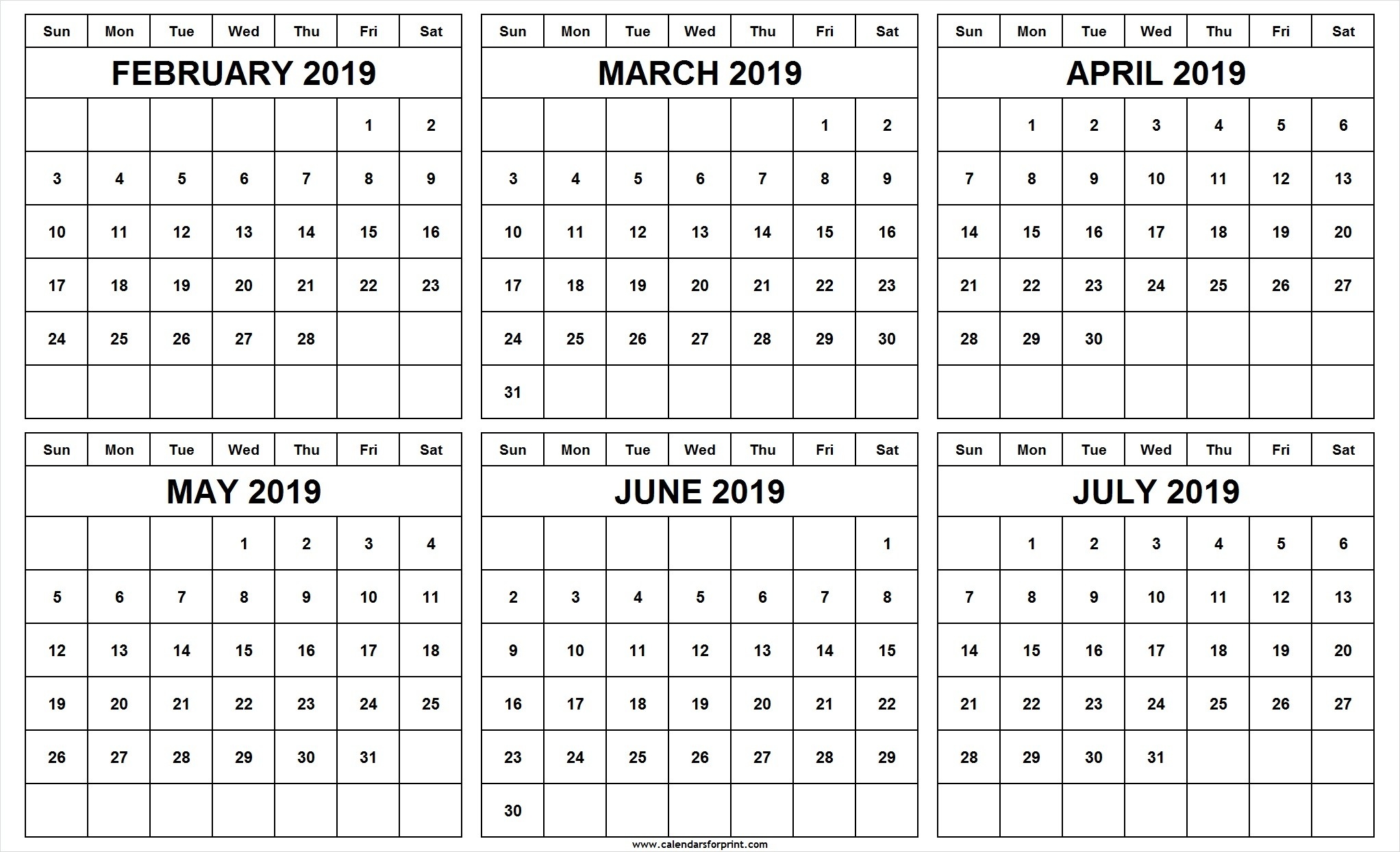 February To July 2019 Calendar Templates Free | Printable-Free Six Month Calendar Template
