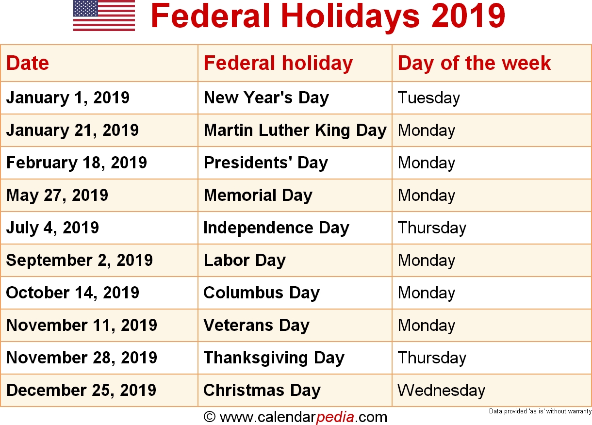 Federal Holidays 2019-Printable List Of National Holidays