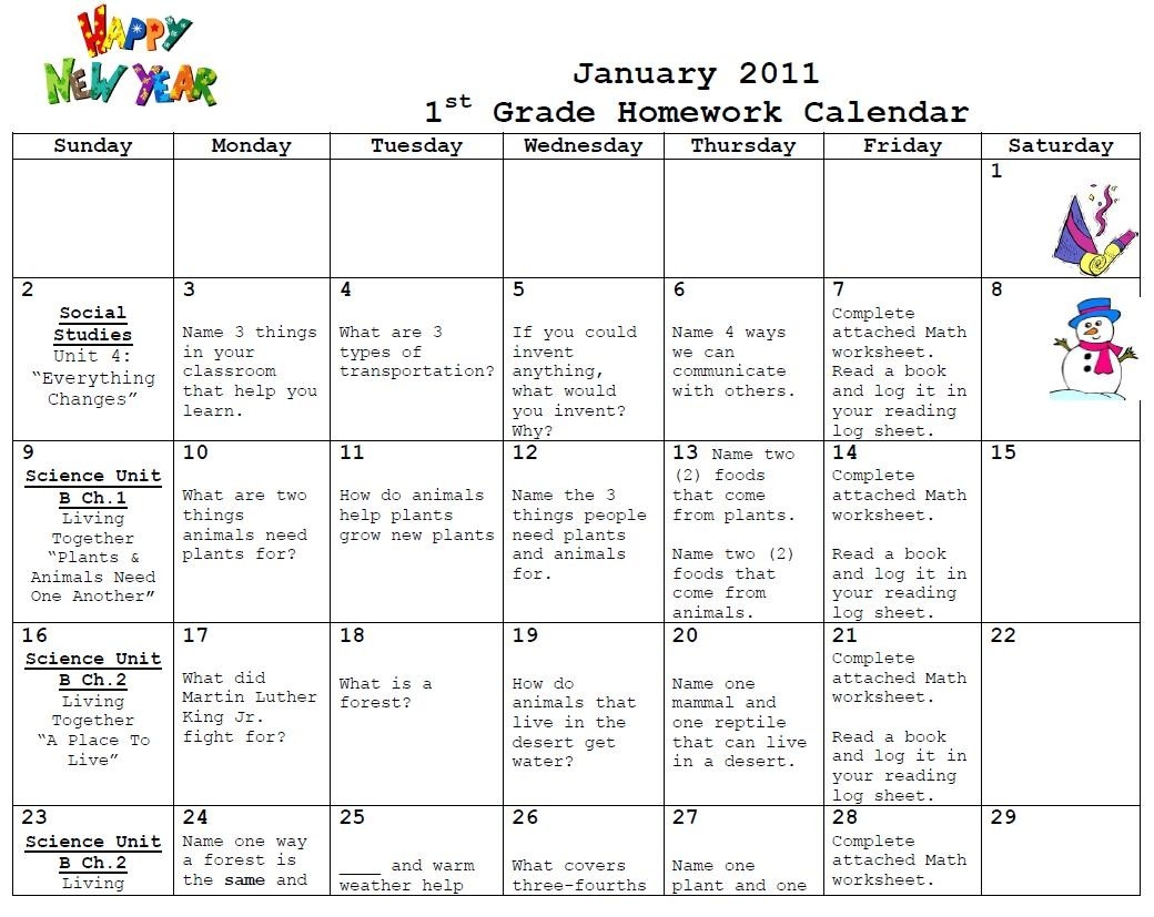 First Grade Homework Calendar - Parfu.kaptanband.co-Preschool Homework Calendar Template