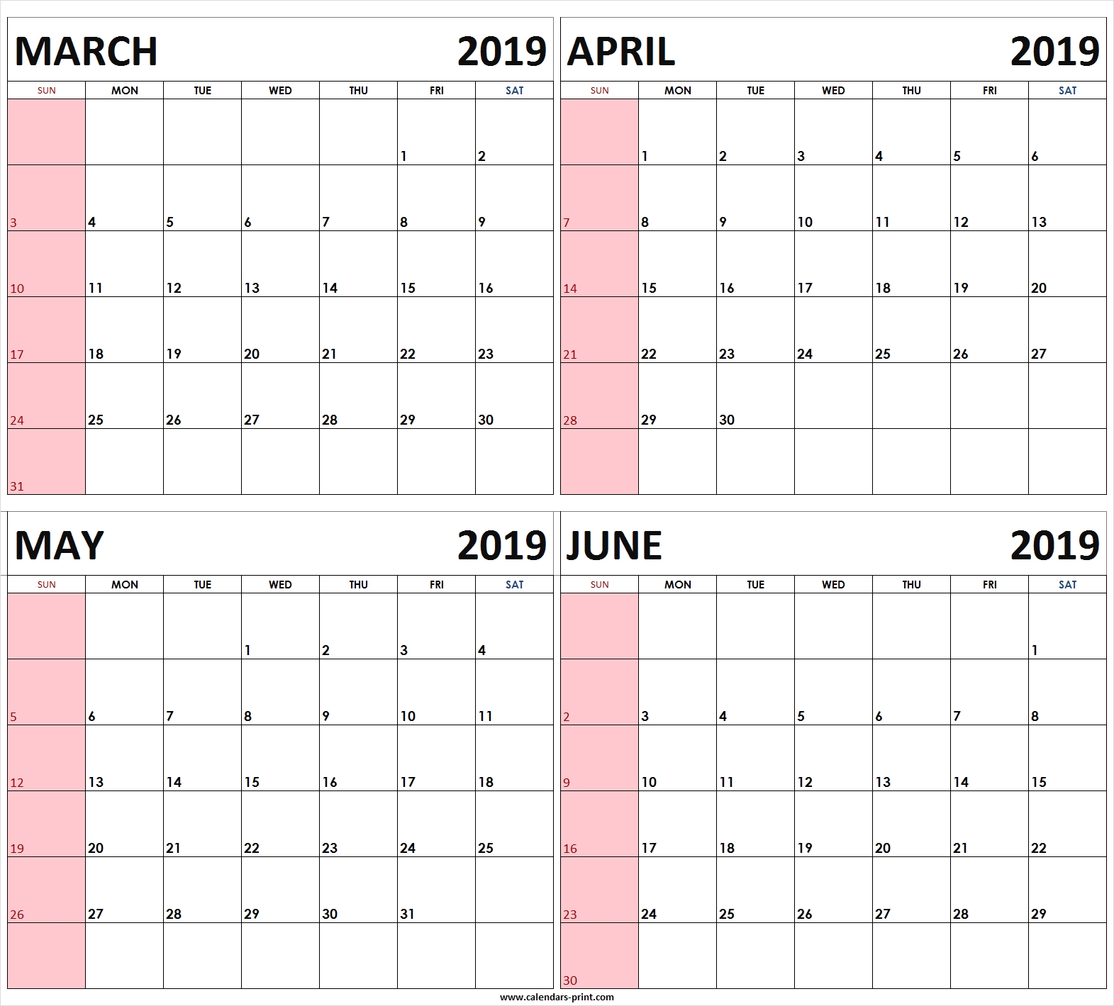 Four Monthly March April May June 2019 Calendar | Template-4 Month Planner Template