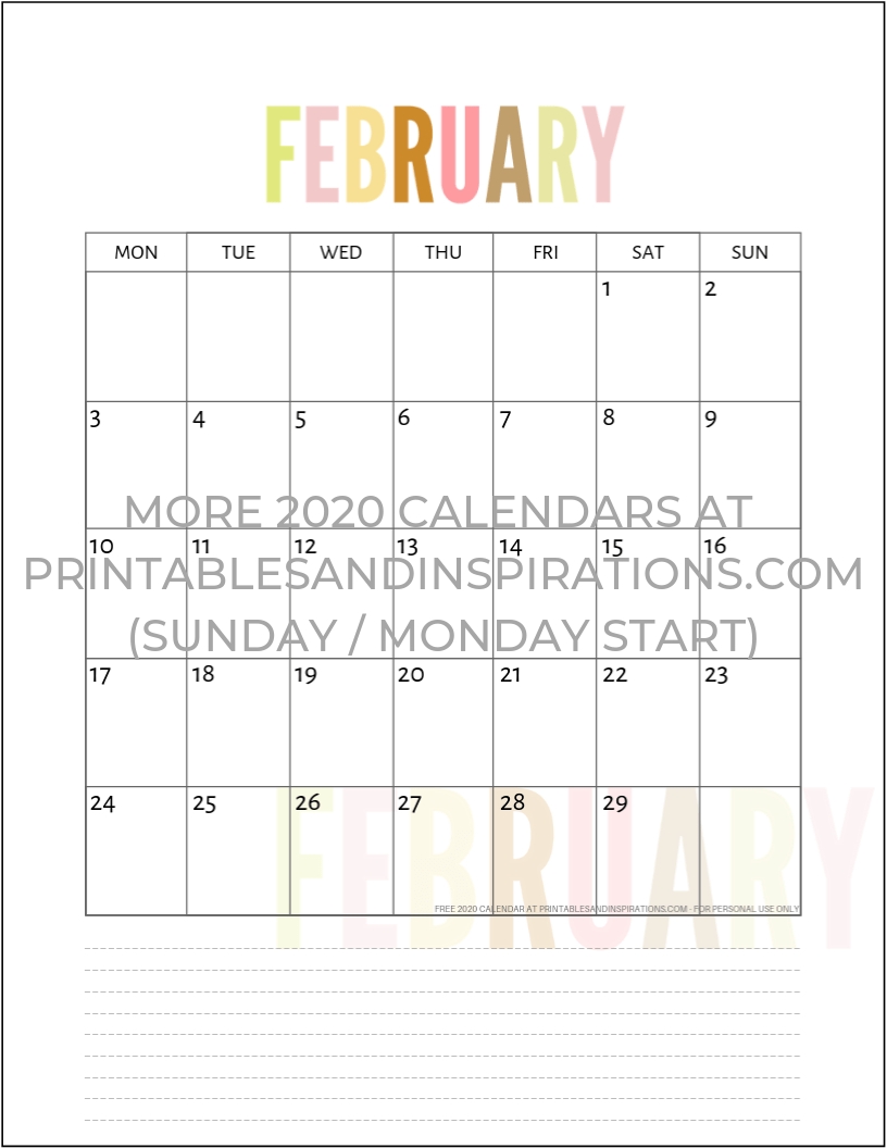 Free 2020 Calendar Printable Planner Pdf | Calendar-Printable Calendar 2020 Monthly Monday Start