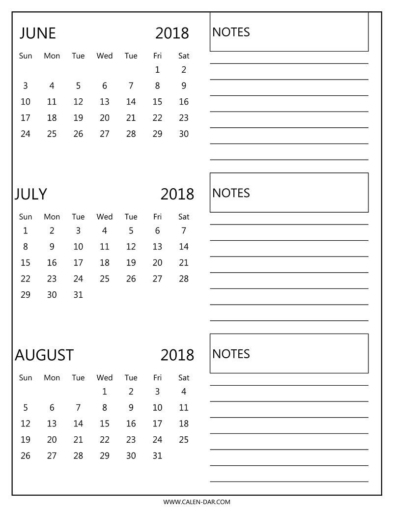 Free 3 Monthly Calendar 2018 June July August Print | 2018-Monthly Calender June July August