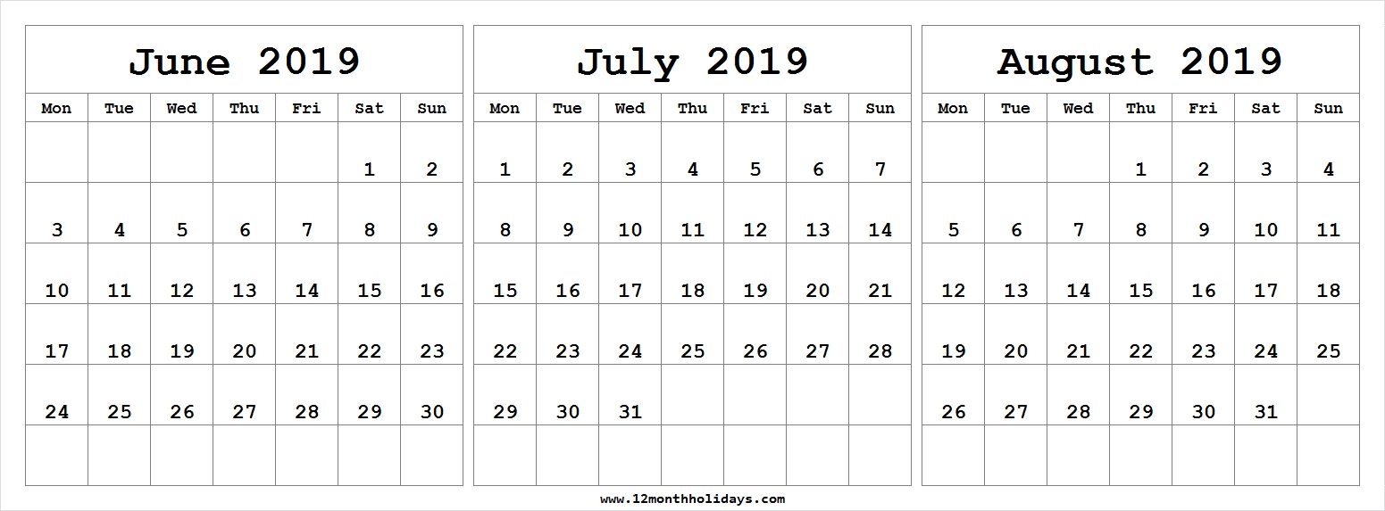 Free Blank Calendar 2019 June July August - All 12 Month-June July &amp;amp; August Blank Calendar