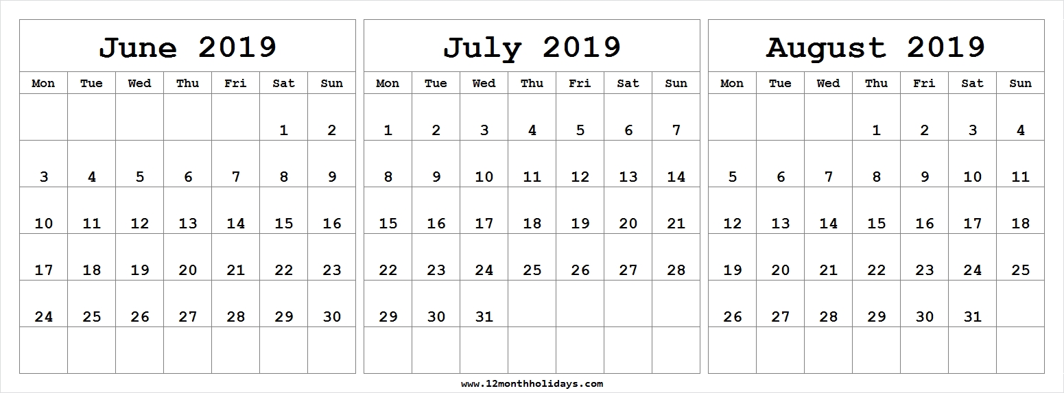 Free Blank Calendar 2019 June July August - All 12 Month-Printable Blank Calendars June July August