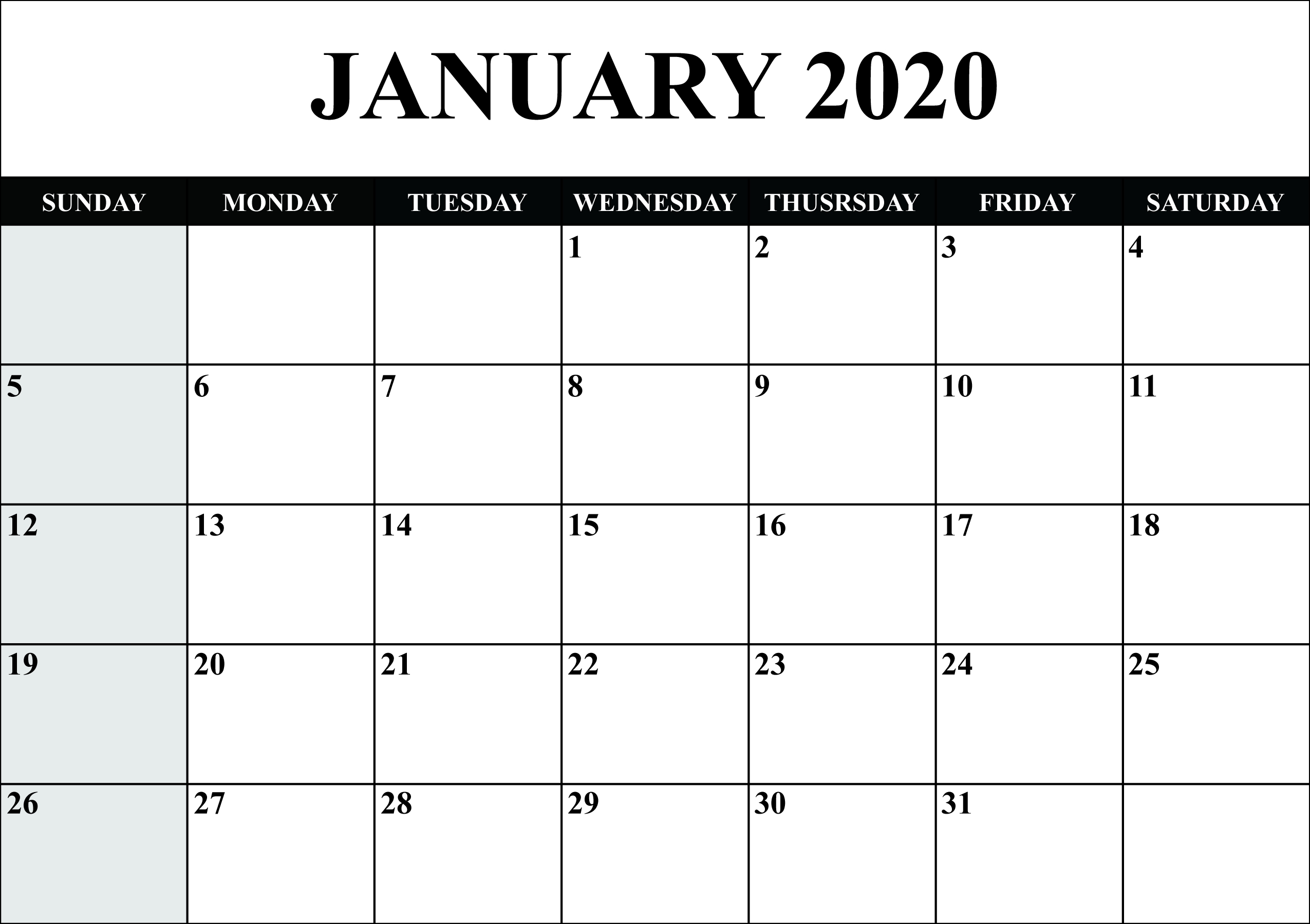Free Blank January 2020 Calendar Printable In Pdf, Word-January 2020 Calendar Editable