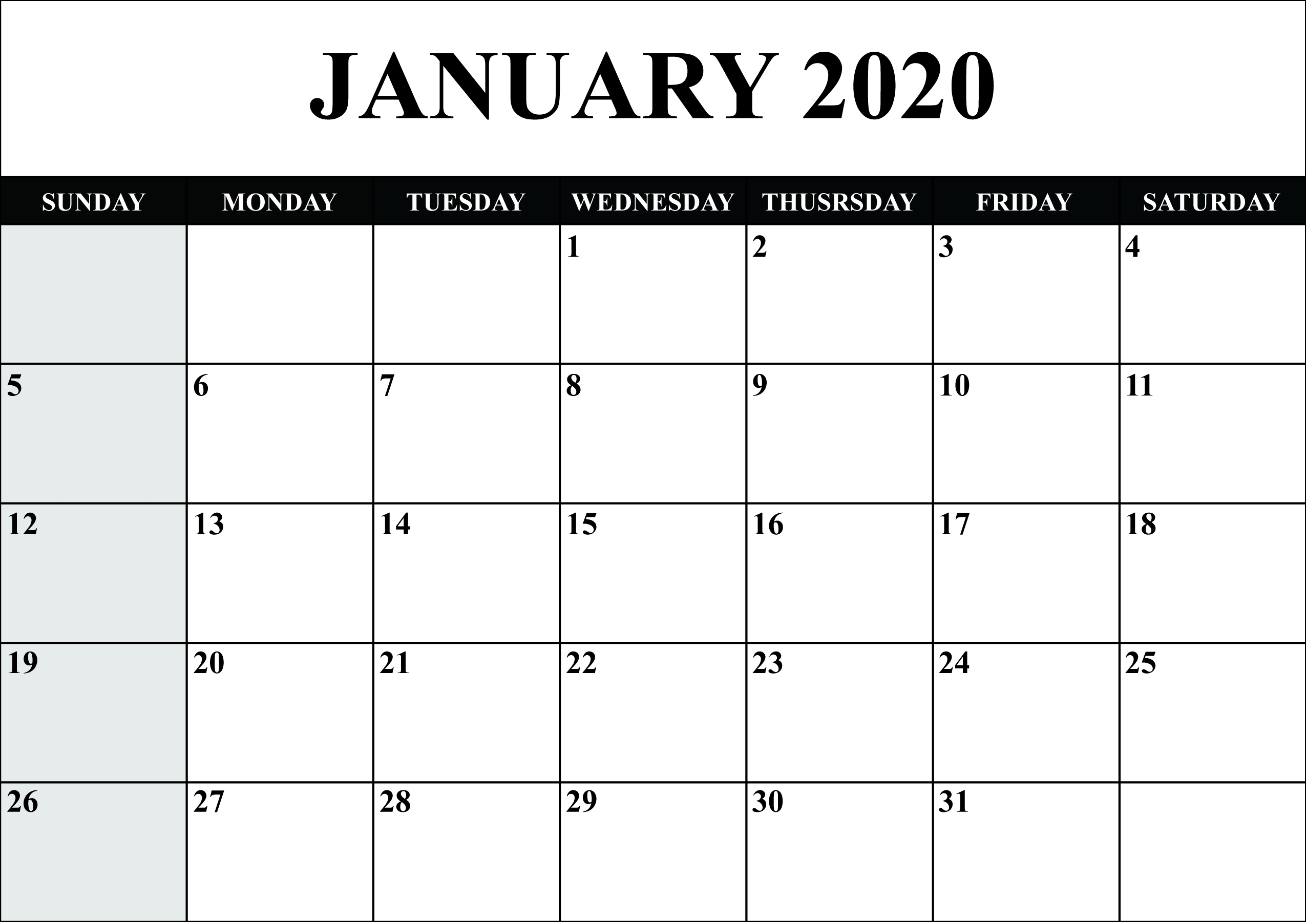 Free Blank January 2020 Calendar Printable In Pdf, Word-January 2020 Calendar Month