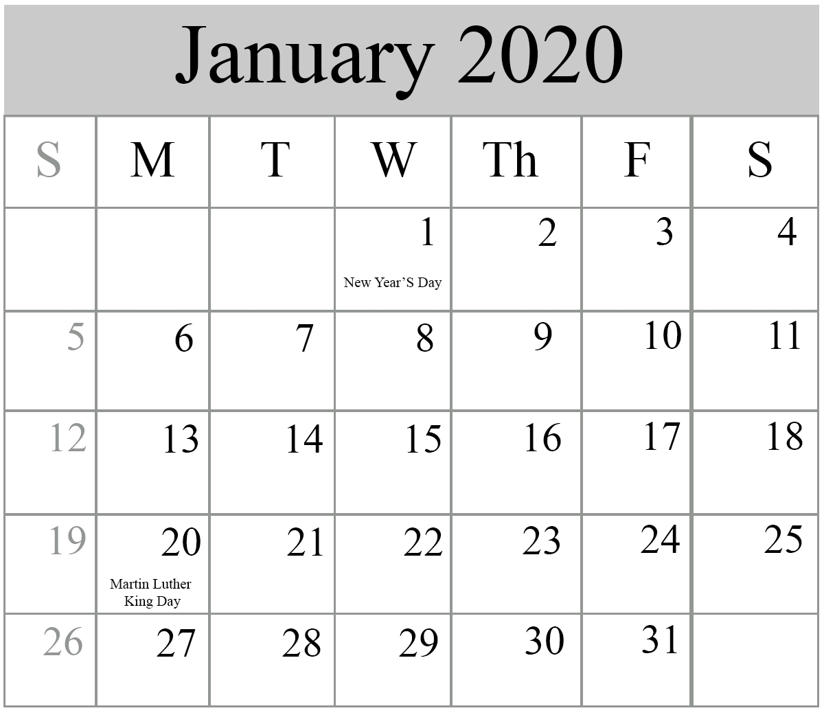 Free Blank January 2020 Calendar Printable In Pdf, Word-January 2020 Calendar Public Holidays