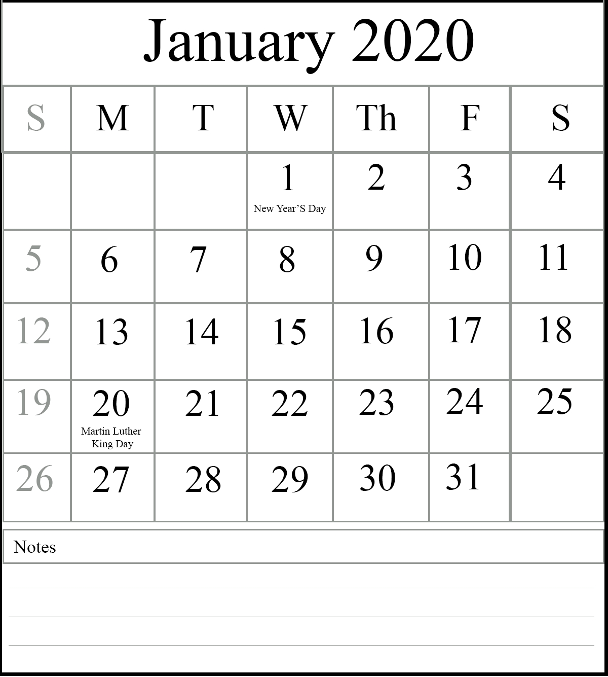 Free Blank January 2020 Calendar Printable In Pdf, Word-January 2020 Calendar Vertical