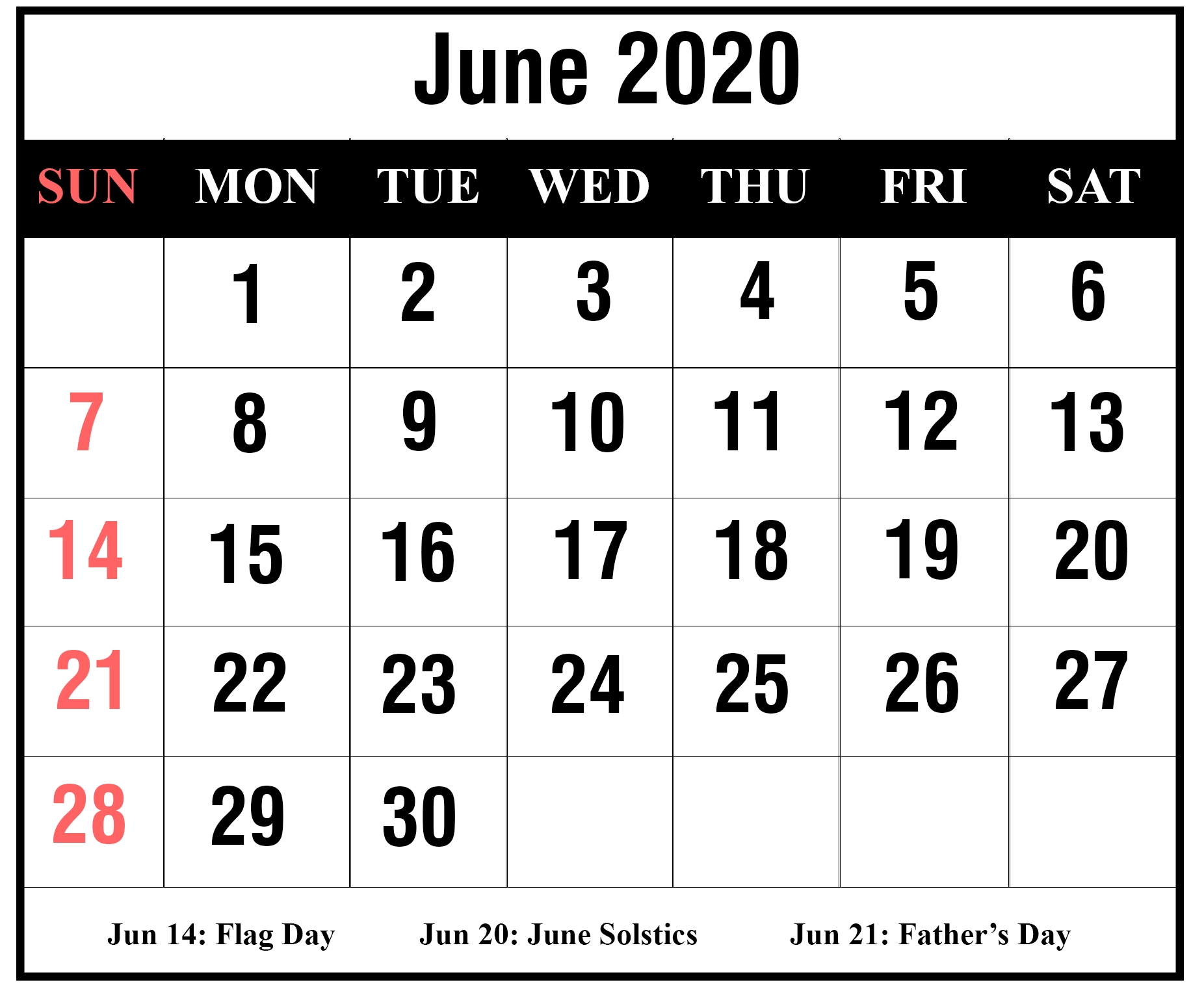 Free Blank June 2020 Printable Calendar With Holidays [Pdf-Blank Customizable June Calendar Template 2020