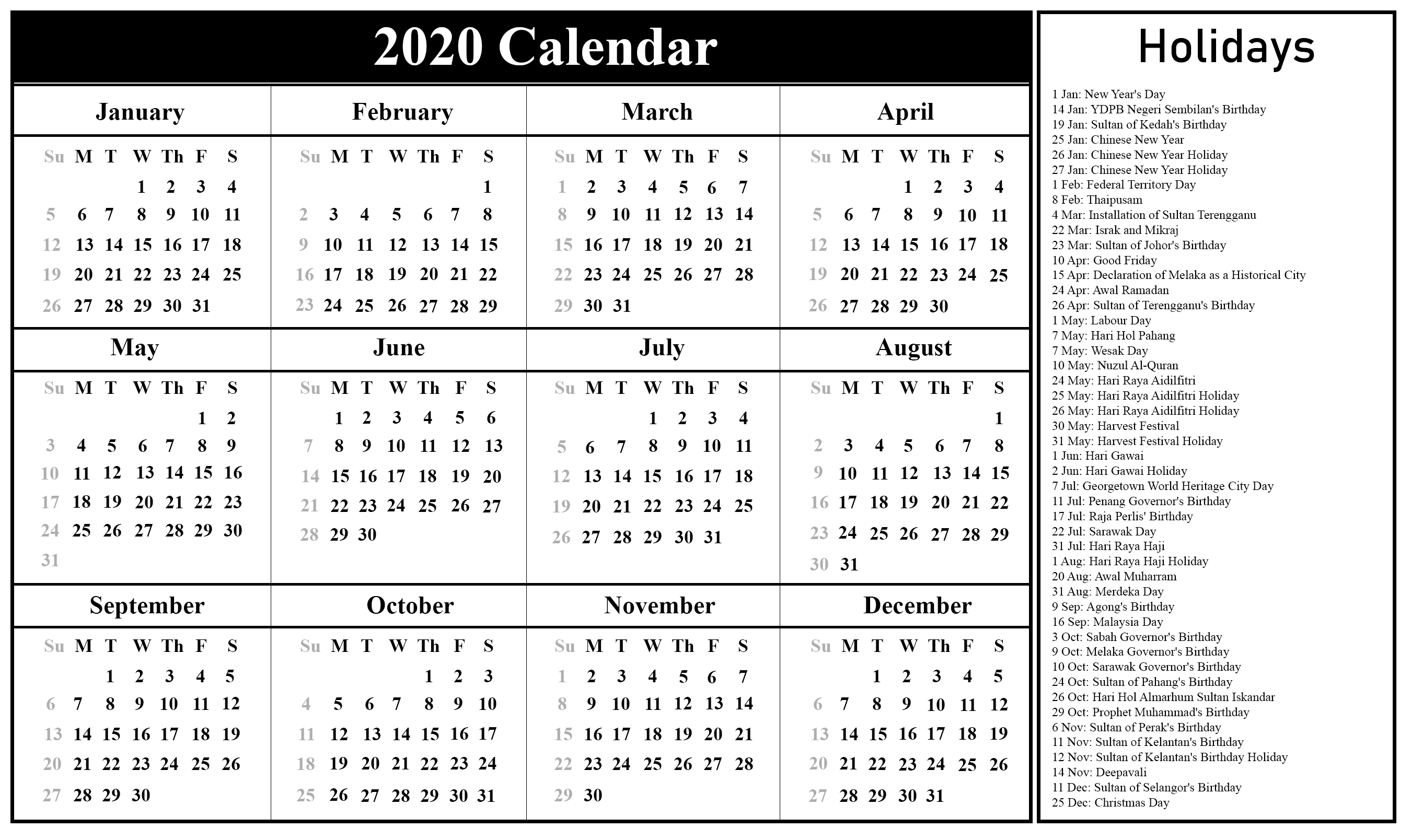 Free Blank Malaysia Calendar 2020 In Pdf, Excel &amp; Word-Calendar For 2020 Printable With Legal Holidays