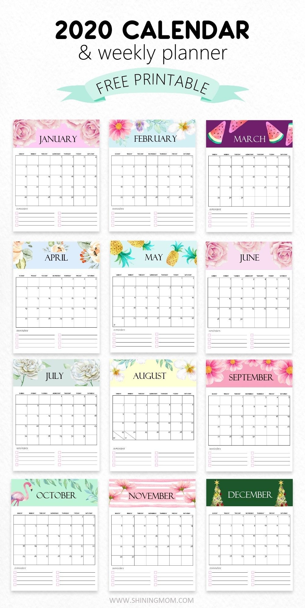 Free Calendar 2020 Printable: 12 Cute Monthly Designs To-Pretty Monthly Calendar 2020