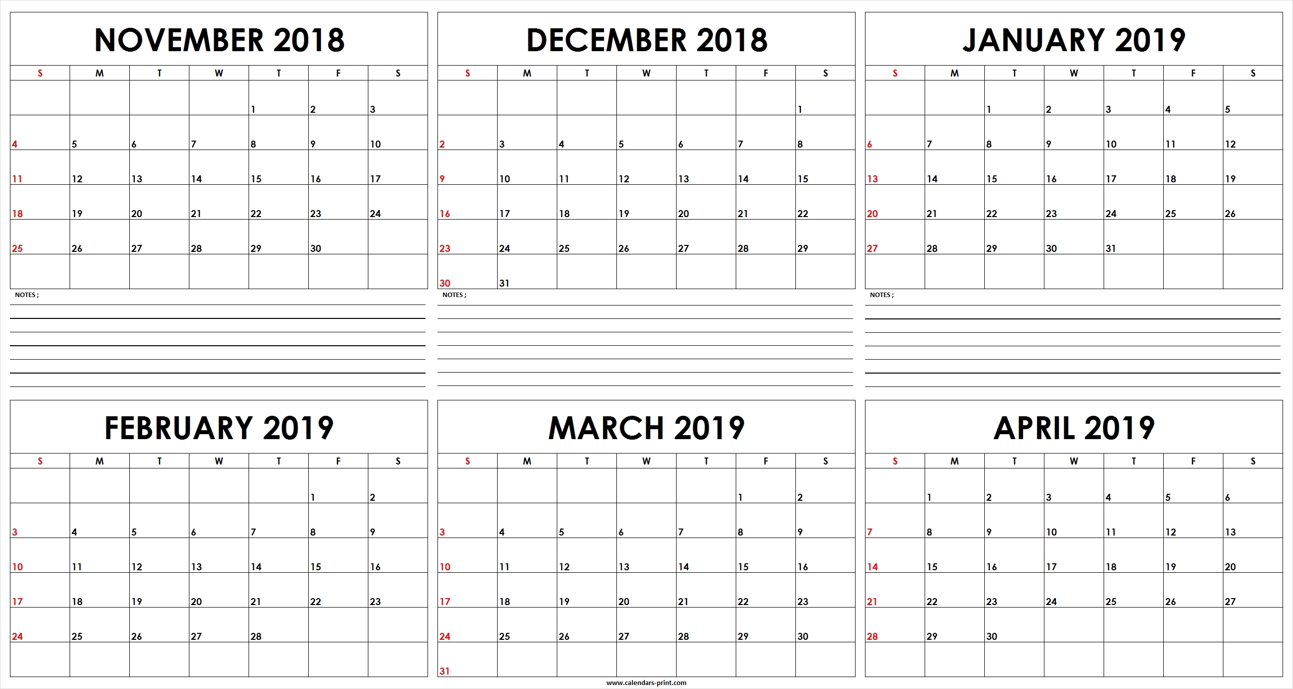 Free Calender 6 Monthly Calendar Template Printable