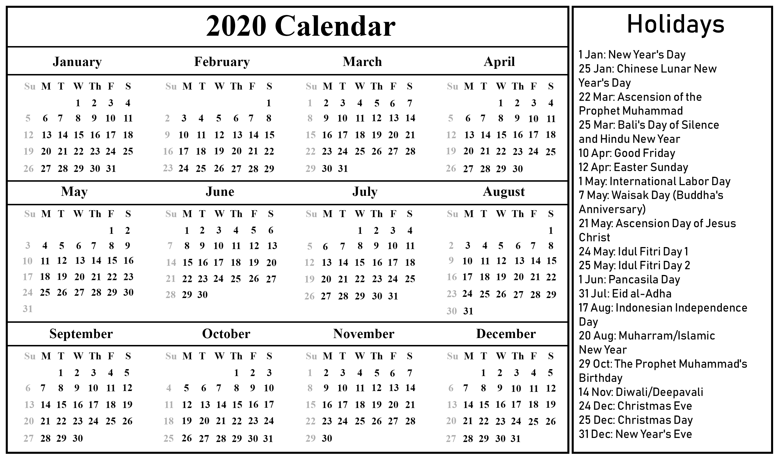 Free Download Blank Indonesia Calendar 2020 [Pdf, Excel-Calendar 2020 Holidays Hindi