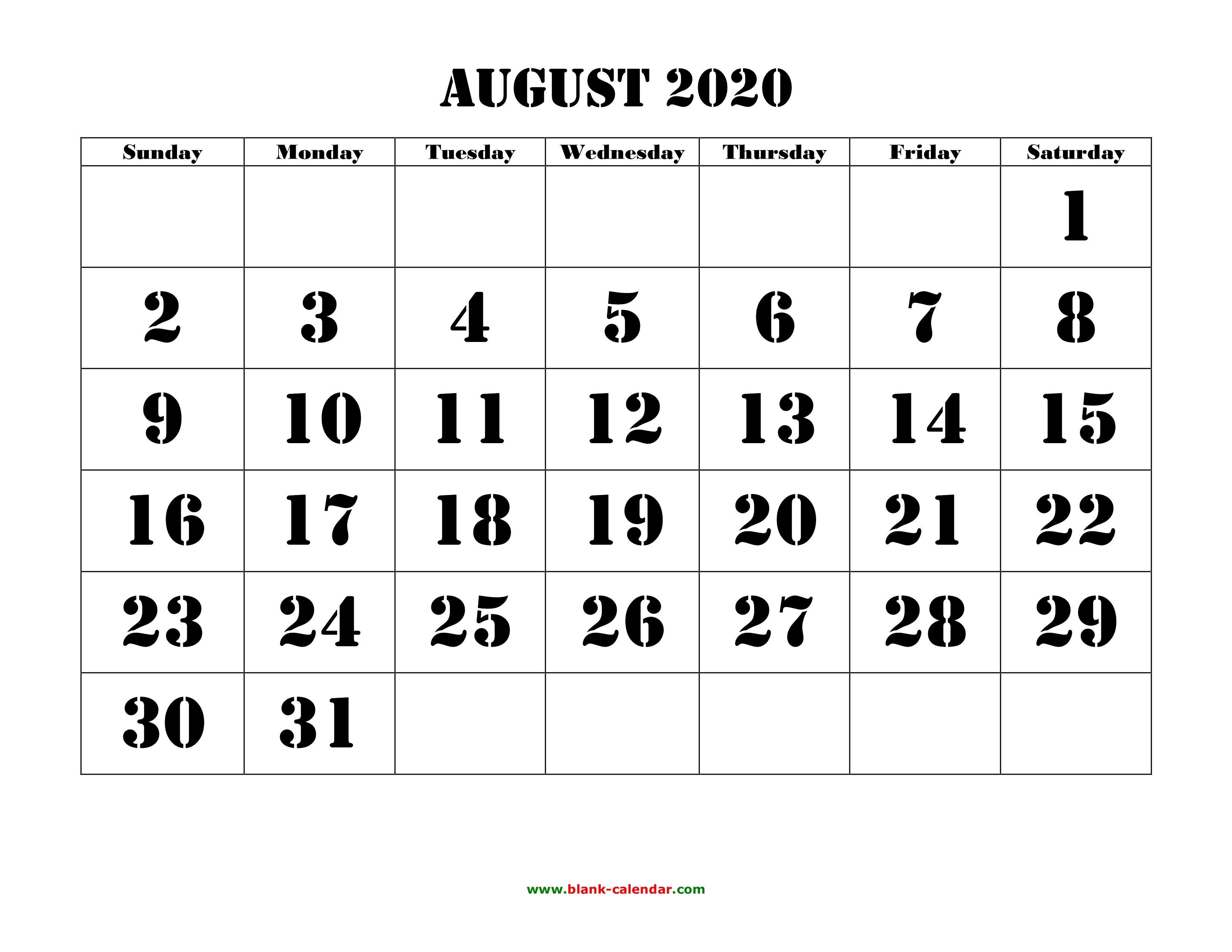 Free Download Printable August 2020 Calendar, Large Font-August 2020 Monthly Appointment