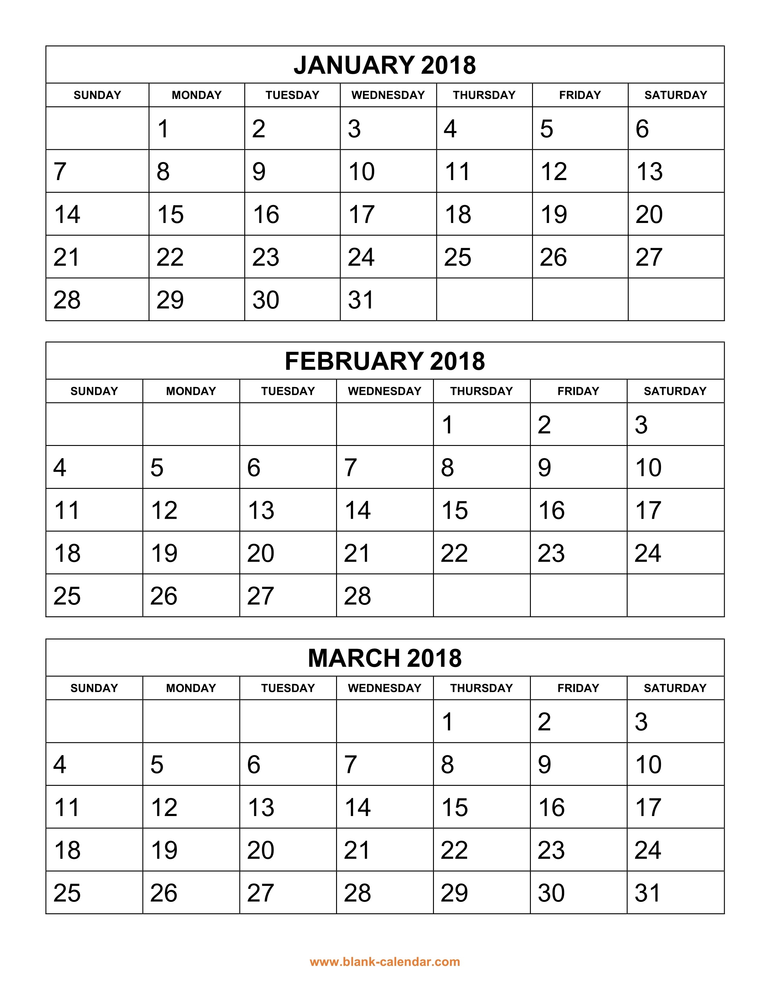 Free Download Printable Calendar 2018, 3 Months Per Page, 4-Print Blank Calendar 6 Months Per Page