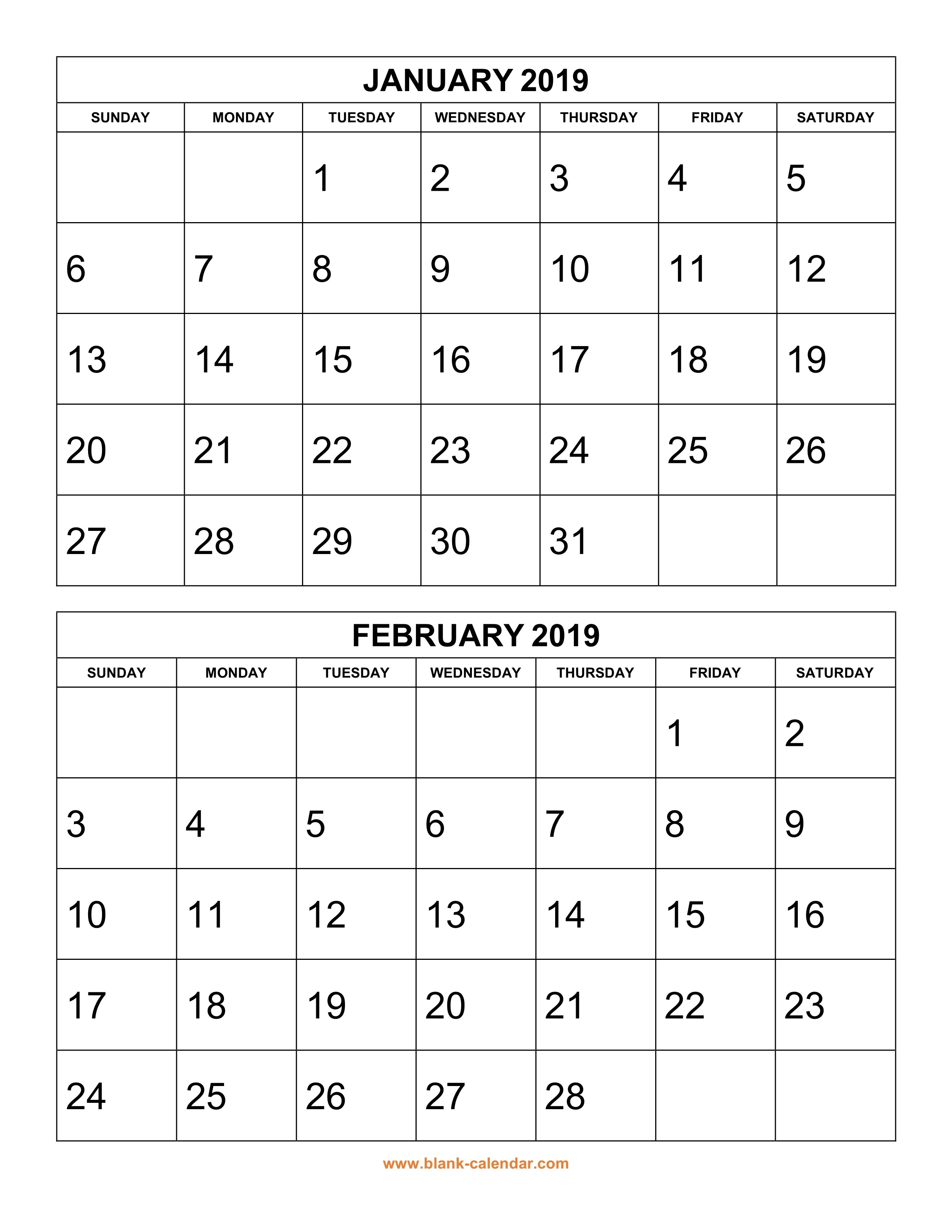 Free Download Printable Calendar 2019, 2 Months Per Page, 6-Blank 2 Month Calendar Template