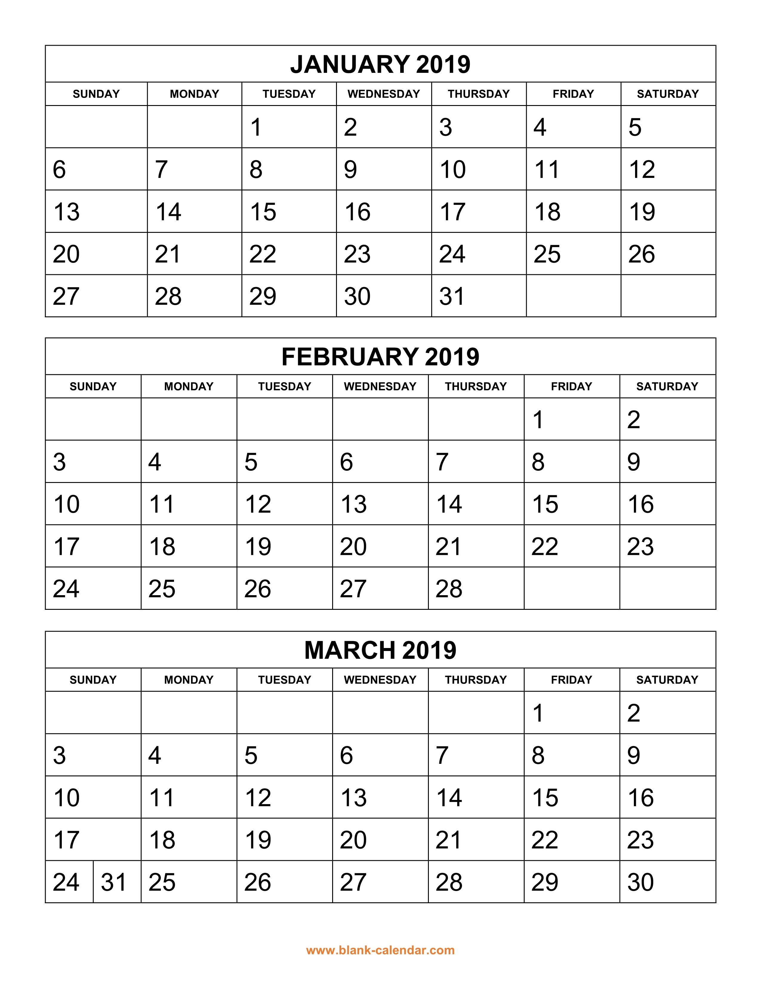 Free Download Printable Calendar 2019, 3 Months Per Page, 4-3 Month Blank Printable Calendar