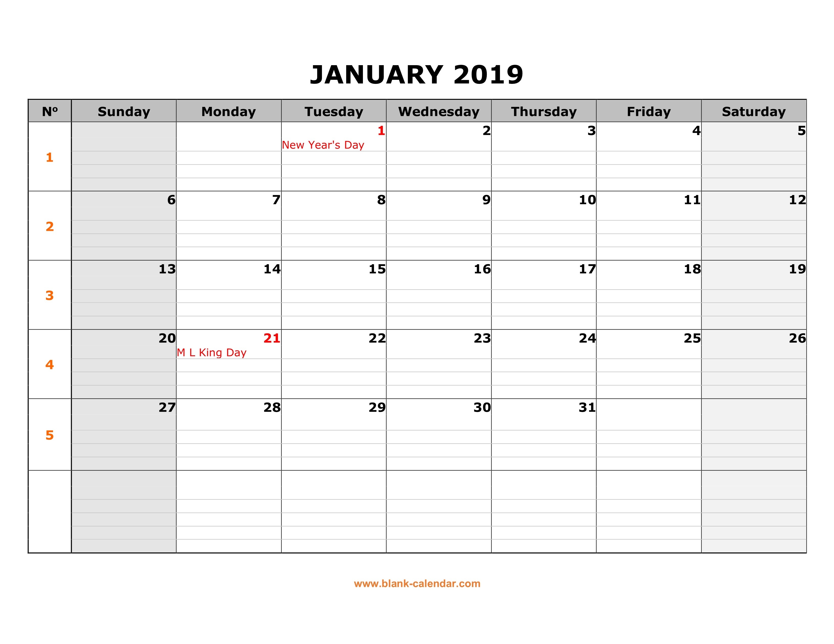 Free Download Printable Calendar 2019, Large Box Grid, Space-Monday To Friday Monthly Calendar