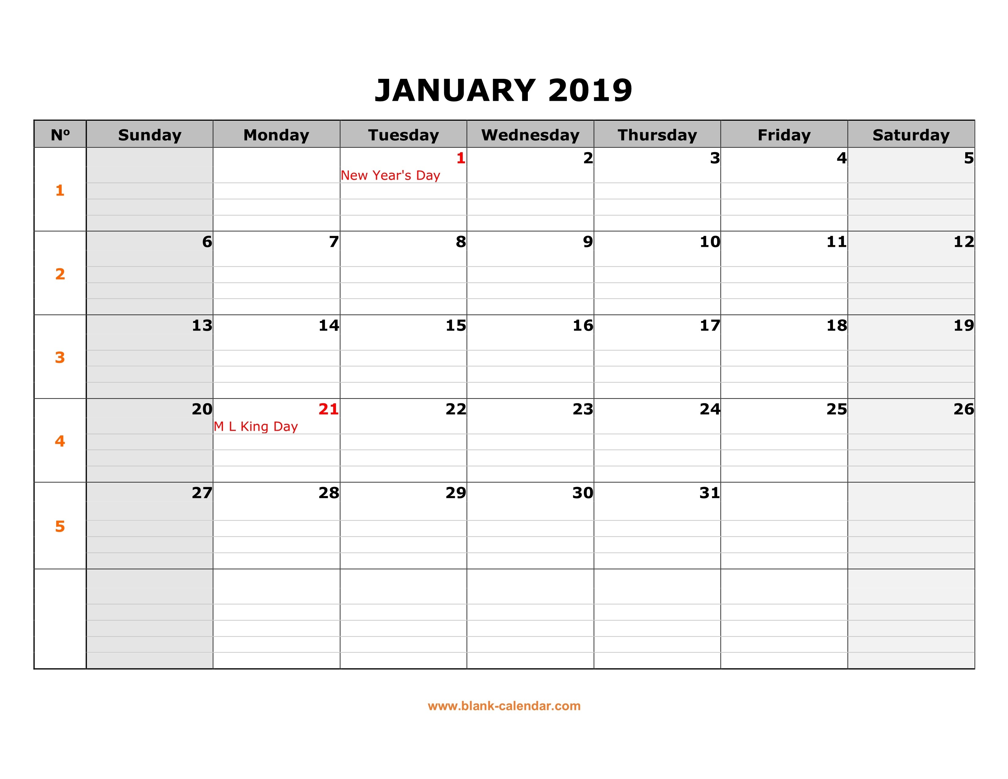 Free Download Printable Calendar 2019, Large Box Grid, Space-Monthly Calendar Starting With Monday