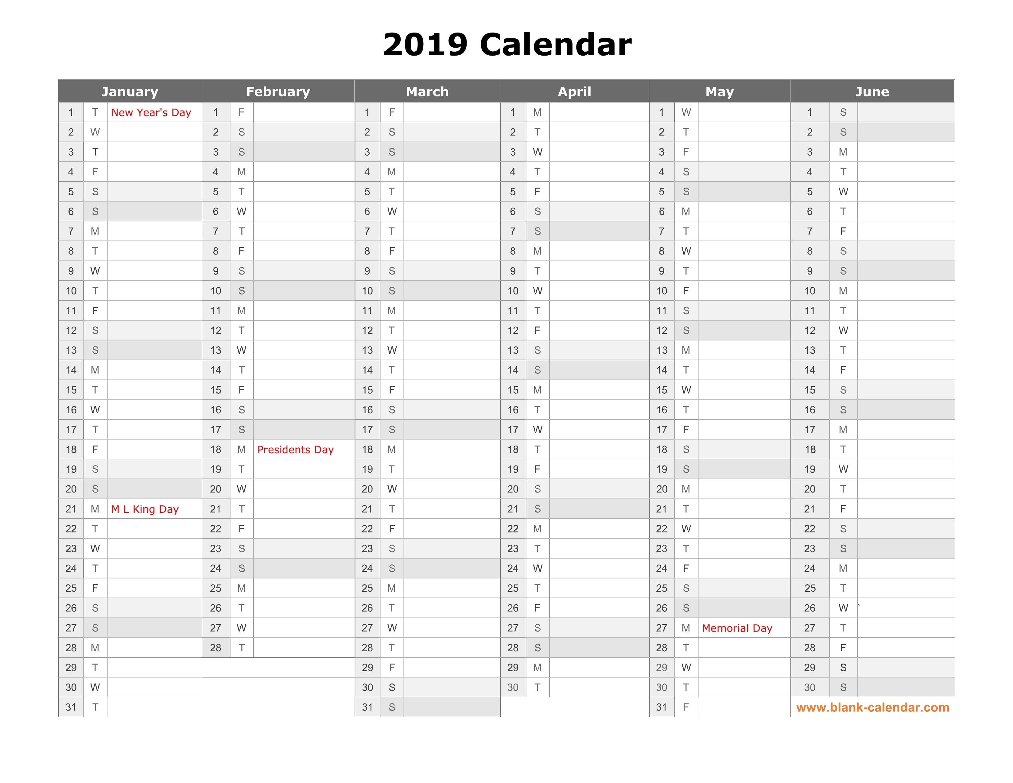 Free Download Printable Calendar 2019, Month In A Column-Free Printable 2 Page Calendar Blank