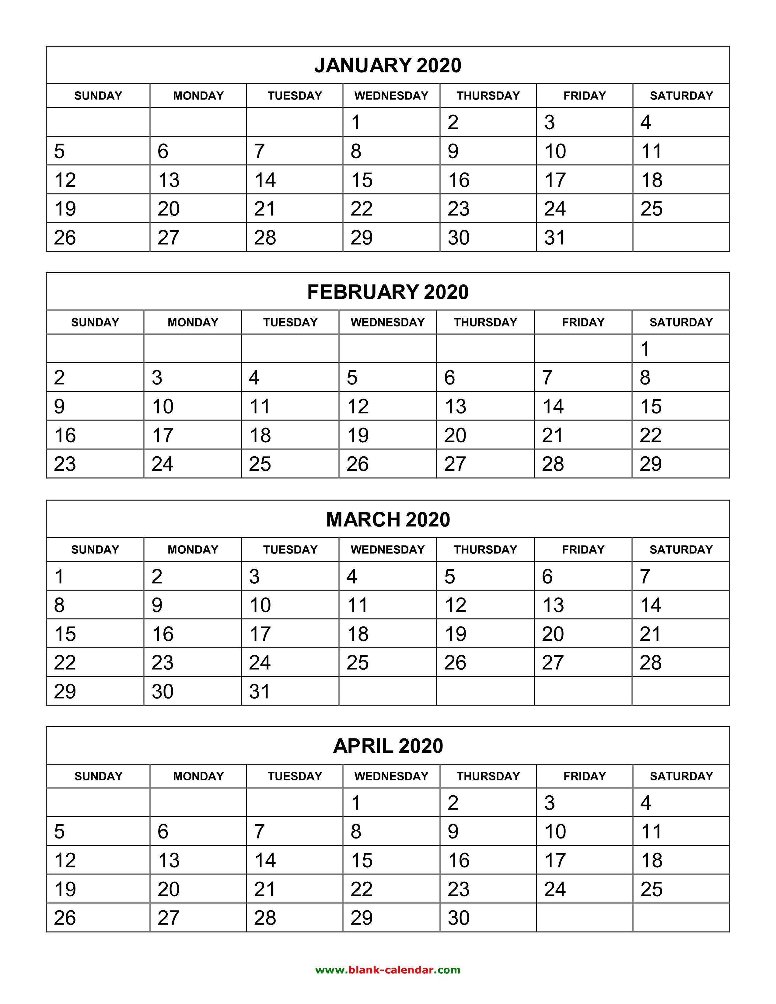 Free Download Printable Calendar 2020, 4 Months Per Page, 3-2020 Calendar 4 Month Template