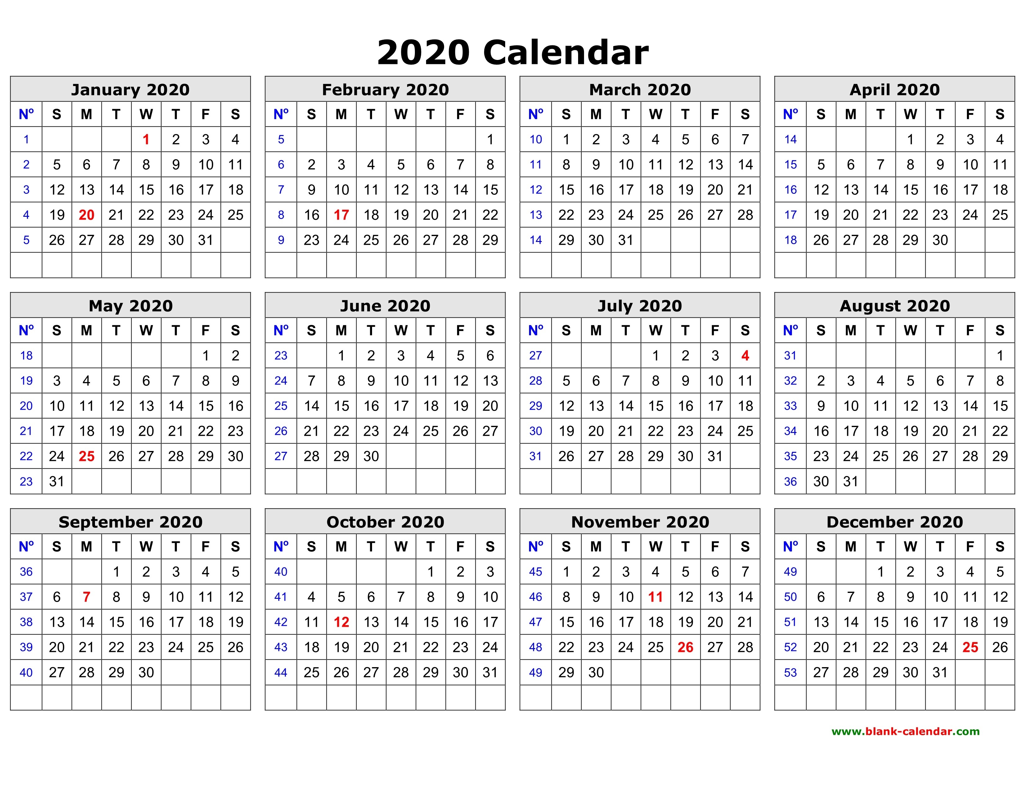 Free Download Printable Calendar 2020 In One Page, Clean Design.-12 Month Blank Calendar 2020 Printable