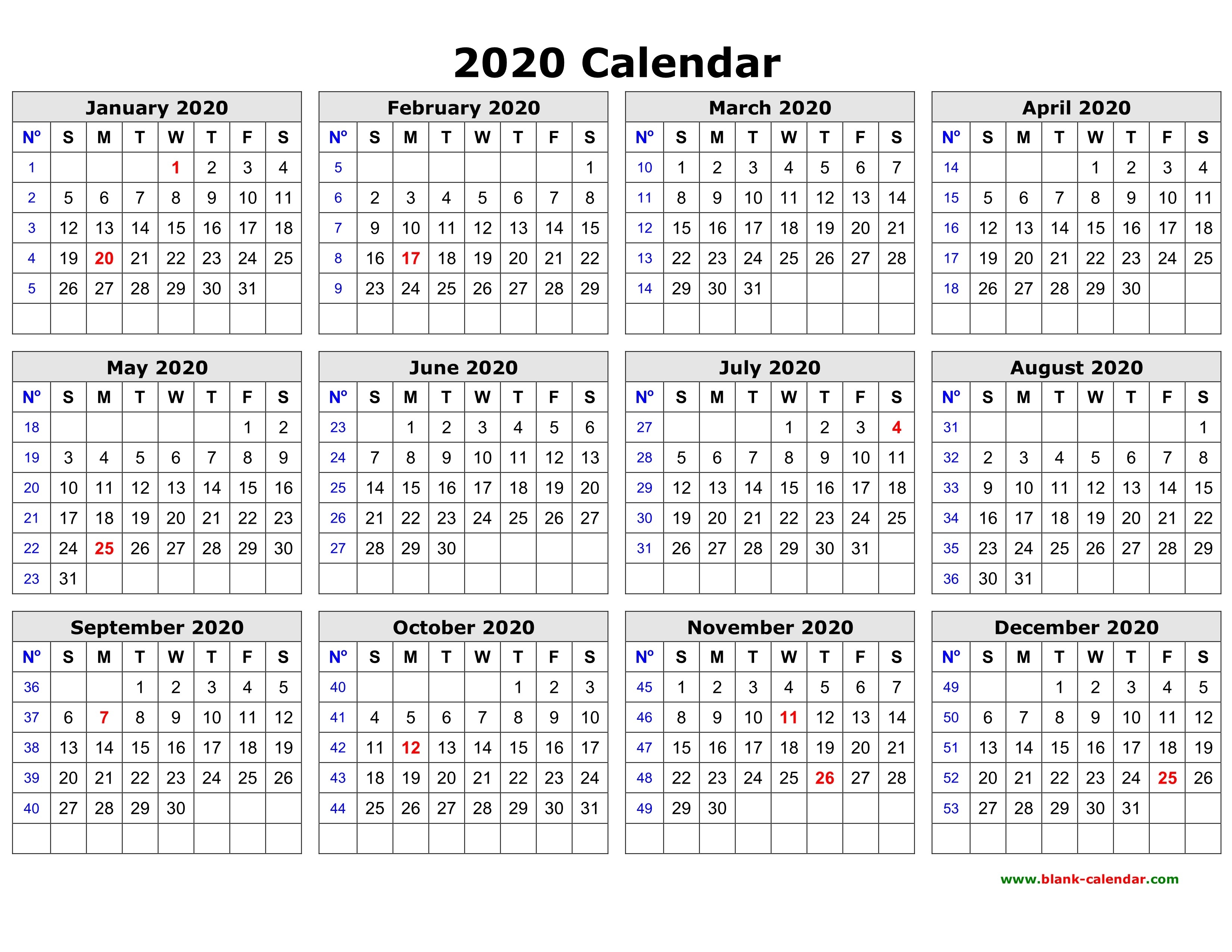 Free Download Printable Calendar 2020 In One Page, Clean Design.-2 Page Calendar Template 2020