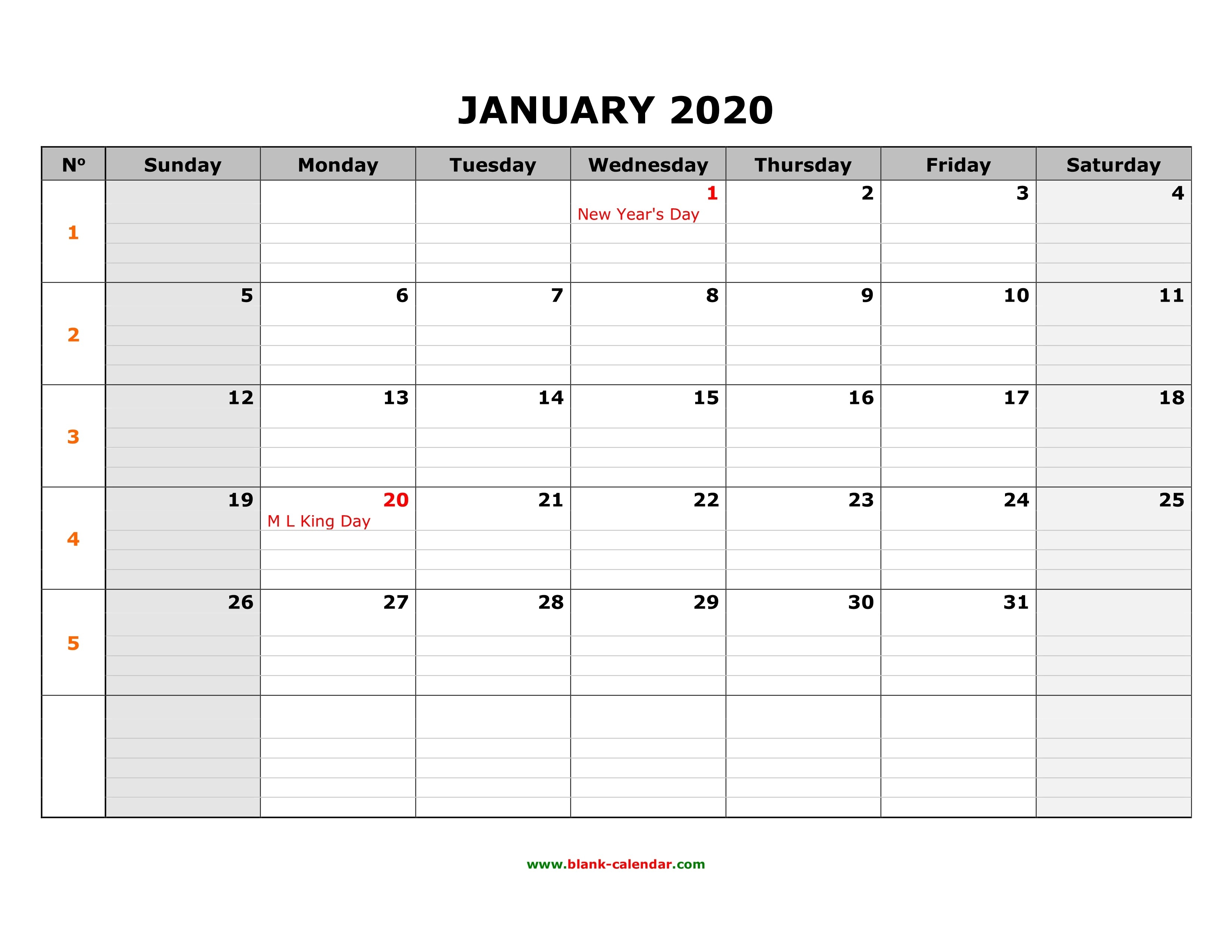 Free Download Printable Calendar 2020, Large Box Grid, Space-Fill In Monthly Calendar 2020