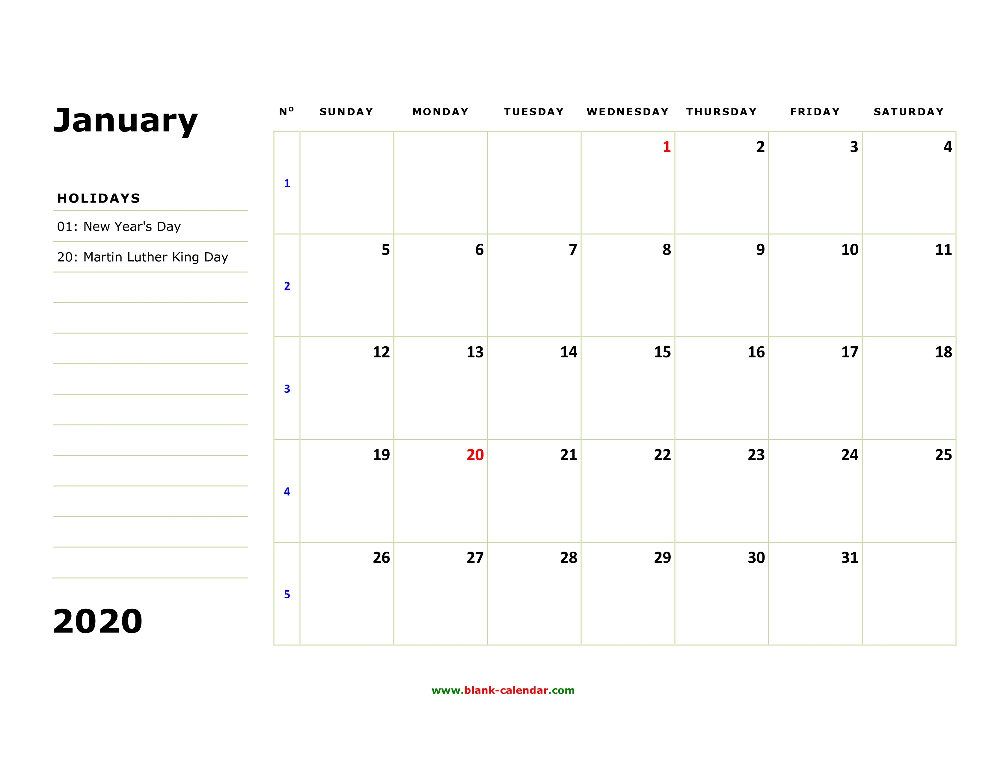 Free Download Printable Calendar 2020, Large Box, Holidays-Free Blanks Calendar Printable With Notes And Lines