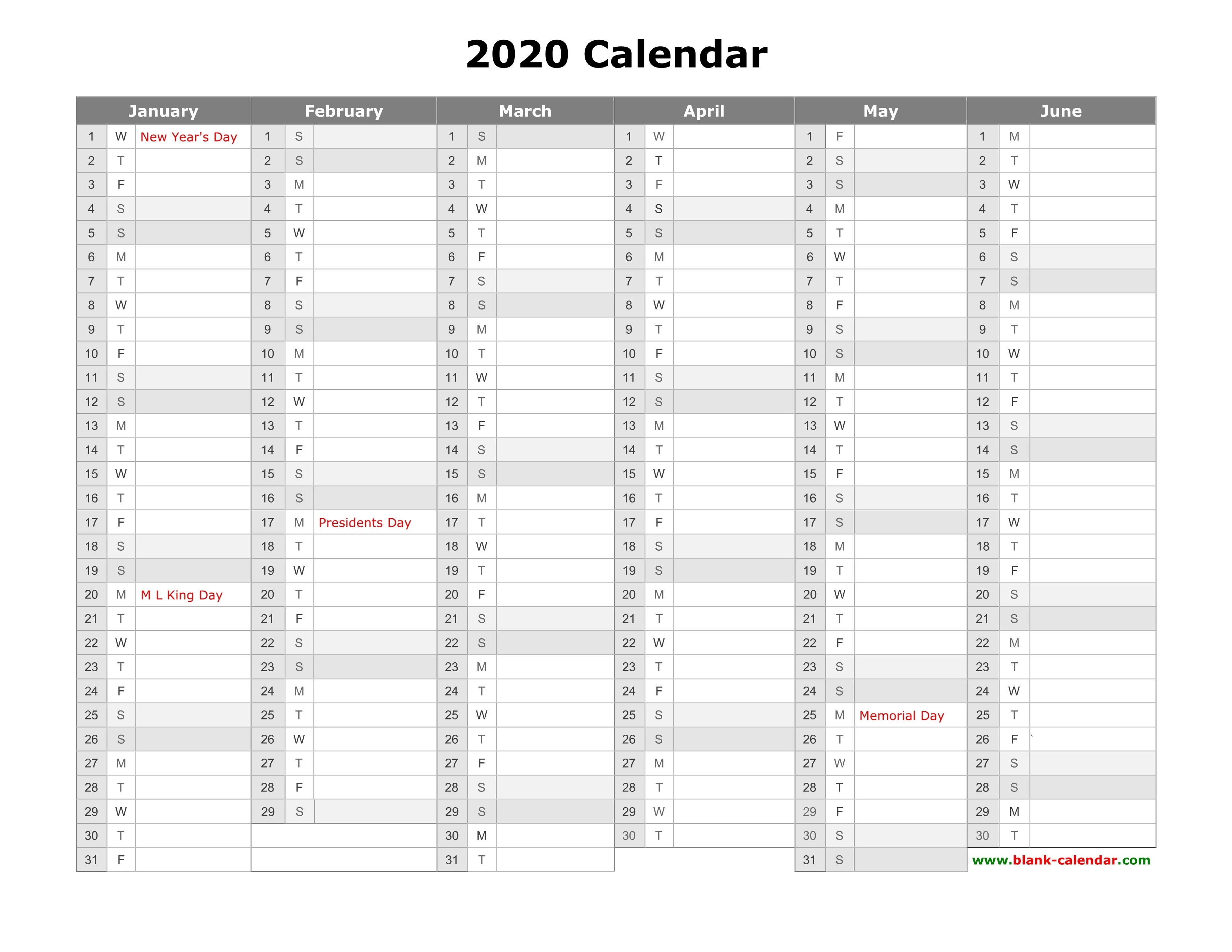 Free Download Printable Calendar 2020, Month In A Column-Excel Calendar Template 2020 6-Month A Page