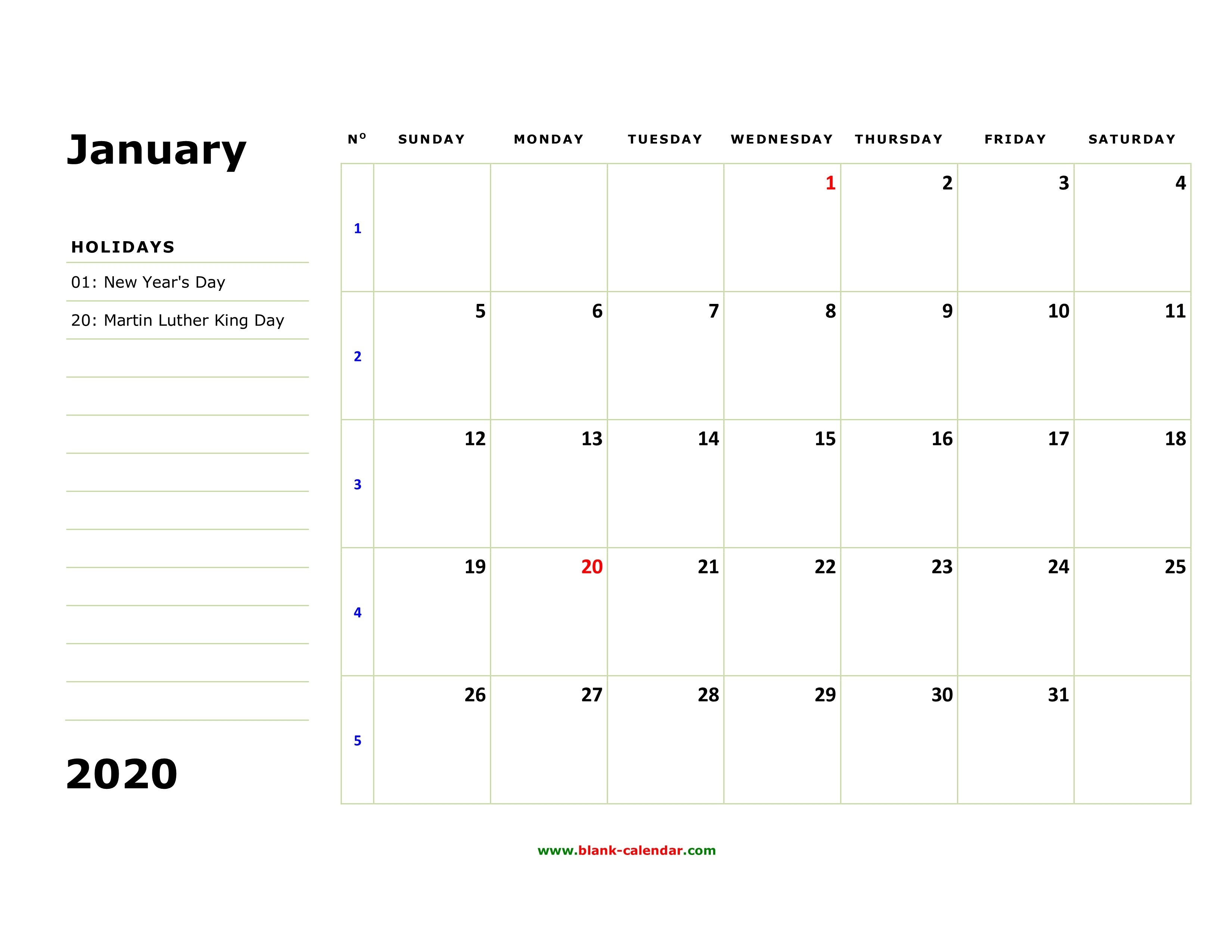 Free Download Printable January 2020 Calendar, Large Box-Large January 2020 Calendar