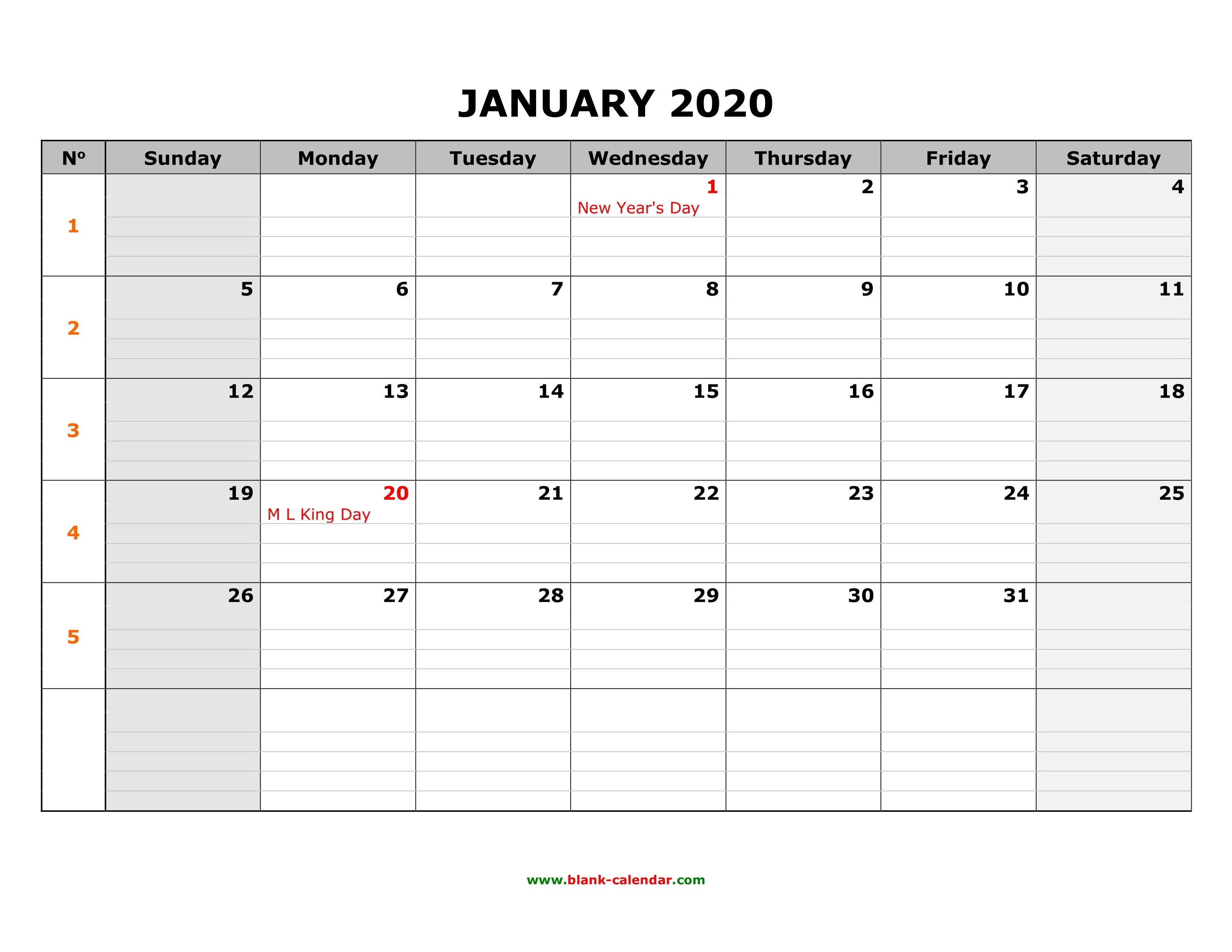 Free Download Printable January 2020 Calendar, Large Box-Large January 2020 Calendar