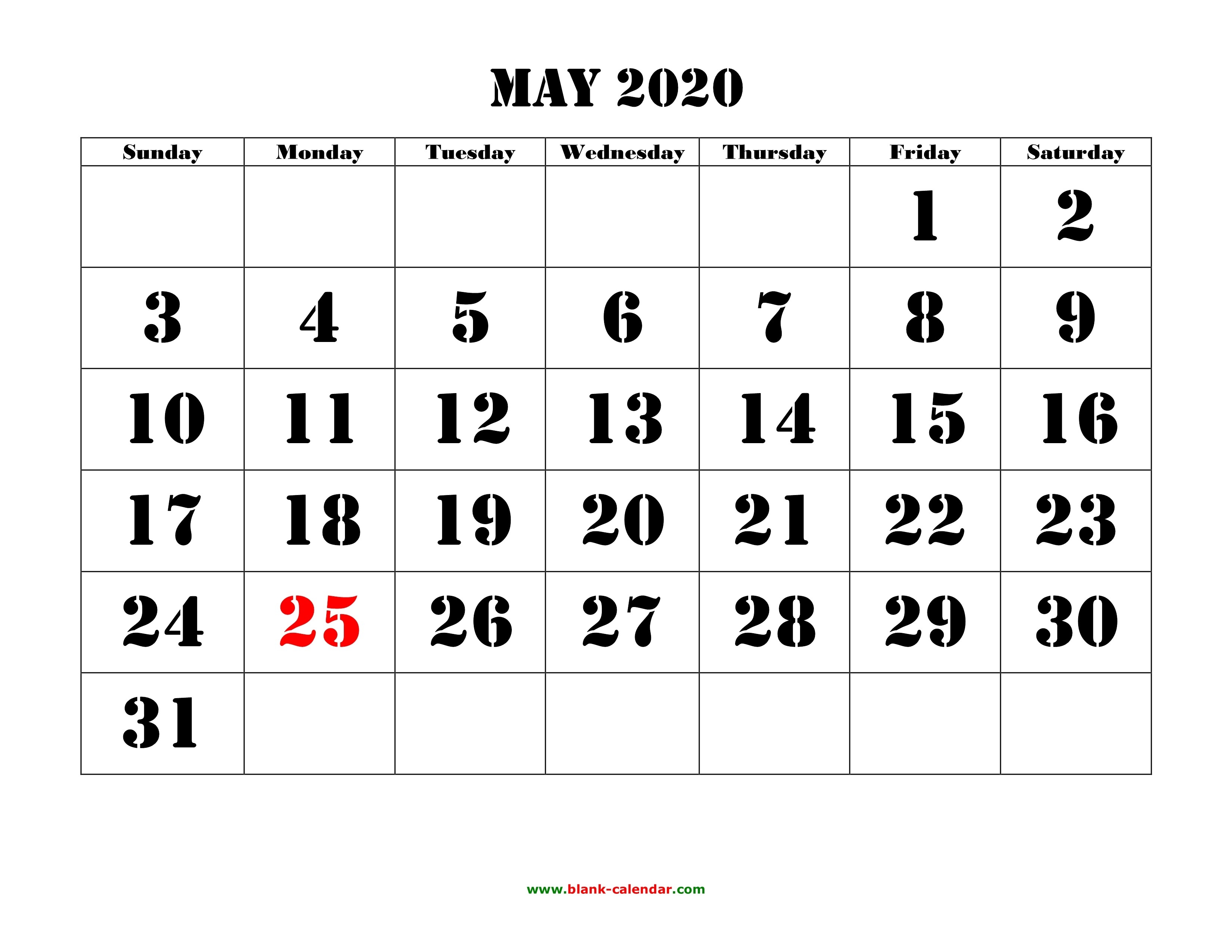 Free Download Printable May 2020 Calendar, Large Font Design-2020 May All Holidays