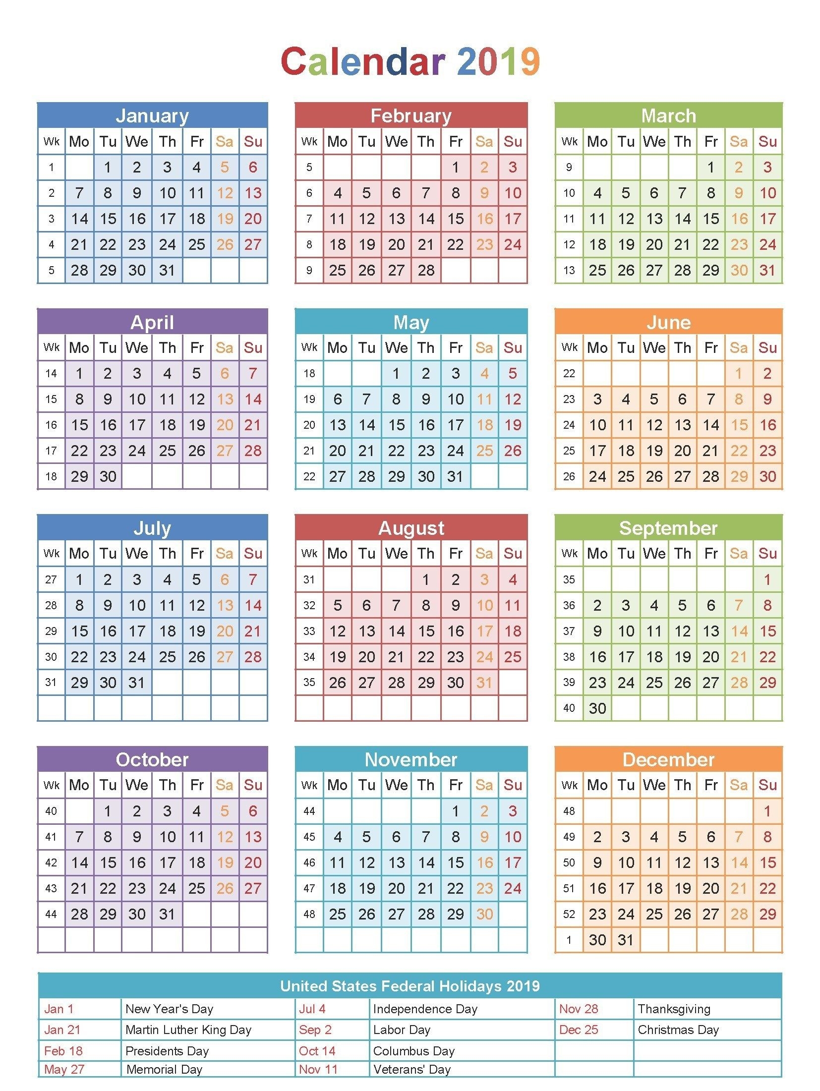 Free Editable Usa 2019 Calendar Pdf, Excel, Word Templates-2020 Calendar With Public Holidays And School Holidays South Africa